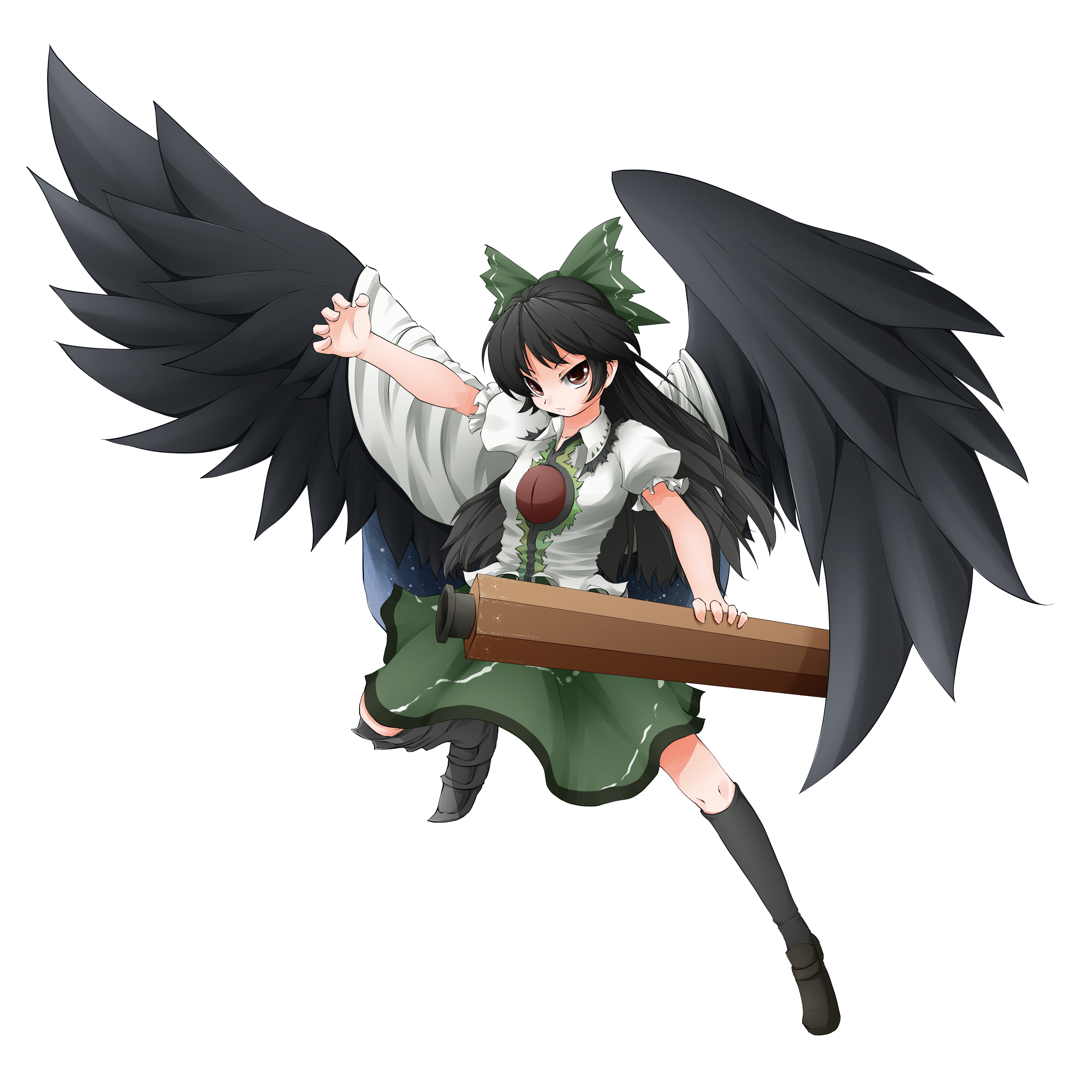 hullzion, reiuji utsuho, touhou, absurdres, bad id, bad pixiv id, highres, 1girl, asymmetrical clothes, asymmetrical footwear, black hair, bow, cape, female focus, full body, hair bow, long hair, mismatched footwear, red eyes, skirt, solo, transparent background, wings