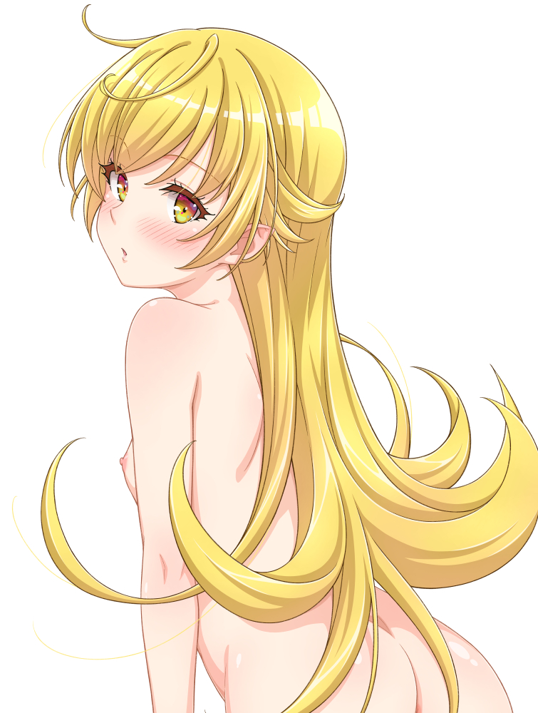 shakunetsujigoku, oshino shinobu, bakemonogatari, monogatari (series), commentary request, 1girl, ass, blonde hair, blush, breasts, completely nude, long hair, looking at viewer, nipples, nude, open mouth, parted bangs, pointy ears, simple background, small breasts, solo, very long hair, white background, yellow eyes