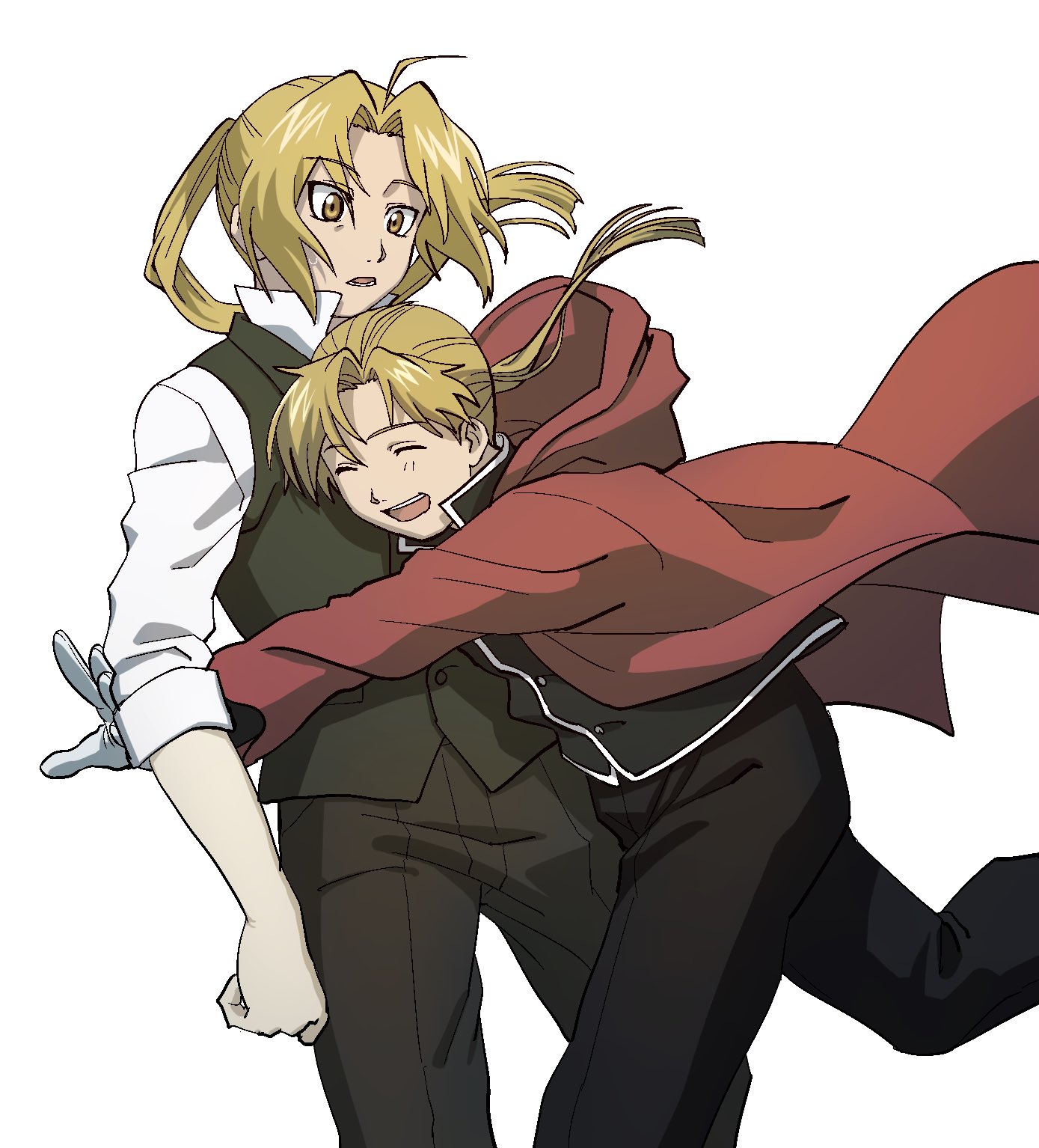 hideyo746, alphonse elric, edward elric, fullmetal alchemist, commentary request, highres, 2boys, ahoge, black jacket, black pants, blonde hair, brothers, closed eyes, coat, collared shirt, cosplay, cowboy shot, edward elric (cosplay), gloves, hood, hood down, hooded coat, hug, jacket, light blush, long hair, male focus, multiple boys, open mouth, pants, parted bangs, ponytail, popped collar, red coat, shirt, siblings, sleeves rolled up, smile, sweatdrop, vest, waistcoat, white background, white gloves, white shirt, yellow eyes