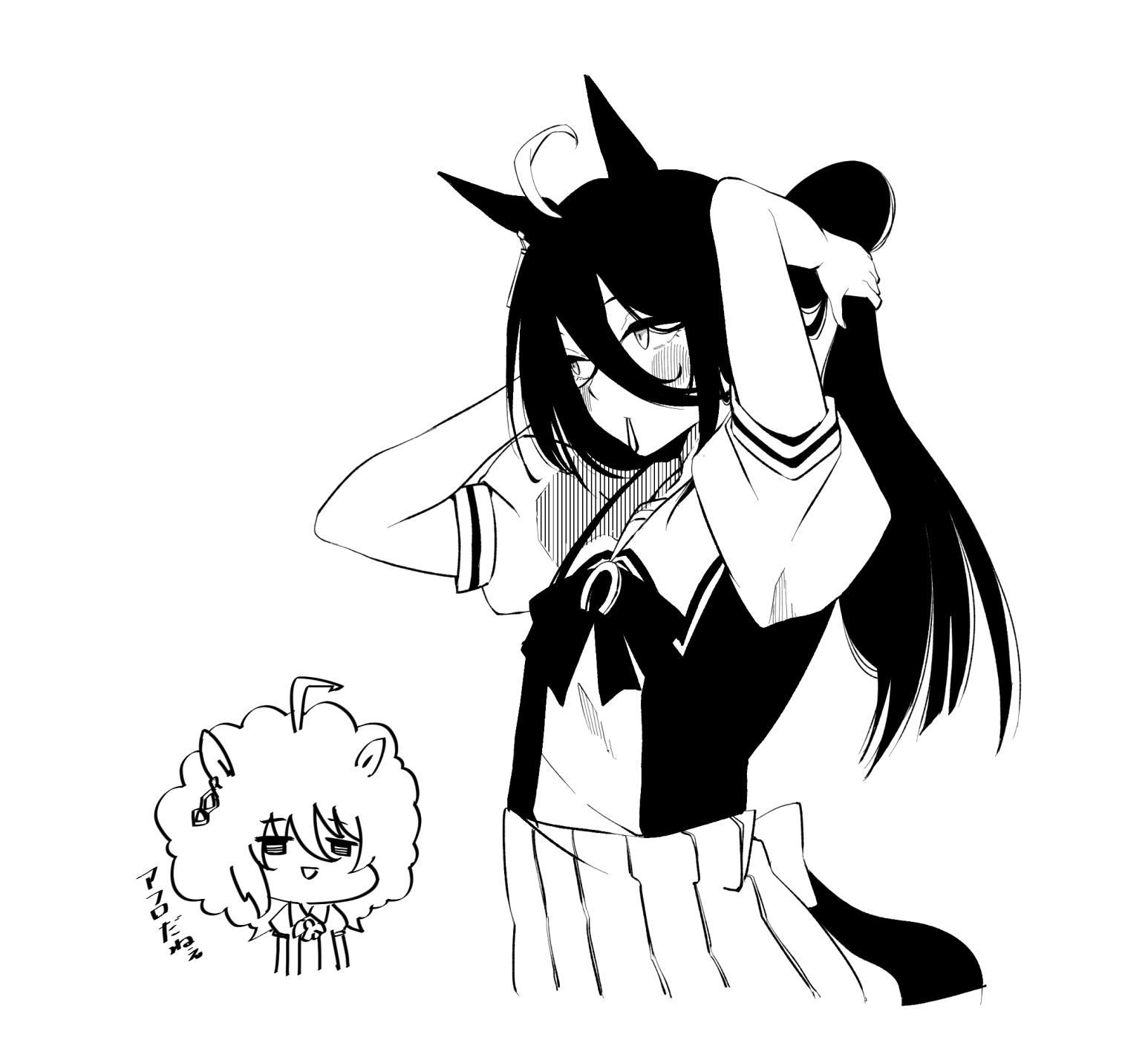 tori (hiyoko bazooka), agnes tachyon (umamusume), manhattan cafe (umamusume), umamusume, commentary request, highres, translation request, 2girls, afro, ahoge, animal ears, arms up, blush, bow, bowtie, cropped legs, doodle inset, earrings, from side, greyscale, hair between eyes, hair tie in mouth, hands up, hatching (texture), horse ears, horse girl, horse tail, jewelry, linear hatching, long bangs, long hair, long hair between eyes, looking ahead, monochrome, mouth hold, multicolored hair, multiple girls, pleated skirt, puffy short sleeves, puffy sleeves, sailor collar, school uniform, short sleeves, simple background, single earring, skirt, solo focus, streaked hair, summer uniform, tail, tracen school uniform, tying hair, very long hair, white background