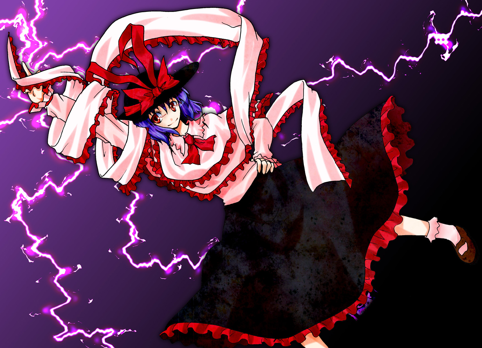 seanyan, nagae iku, saturday night fever, touhou, highres, 1girl, bow, electricity, female focus, frills, hat, purple hair, red eyes, shawl, solo