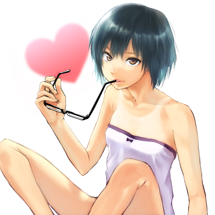 mun (haimer), nanasaki ai, amagami, bad id, bad pixiv id, 1girl, bare shoulders, bob cut, female focus, flat chest, glasses, heart, holding, holding removed eyewear, lips, looking at viewer, mouth hold, one-piece tan, parted lips, short hair, sitting, solo, strapless, tan, tanline, unworn eyewear