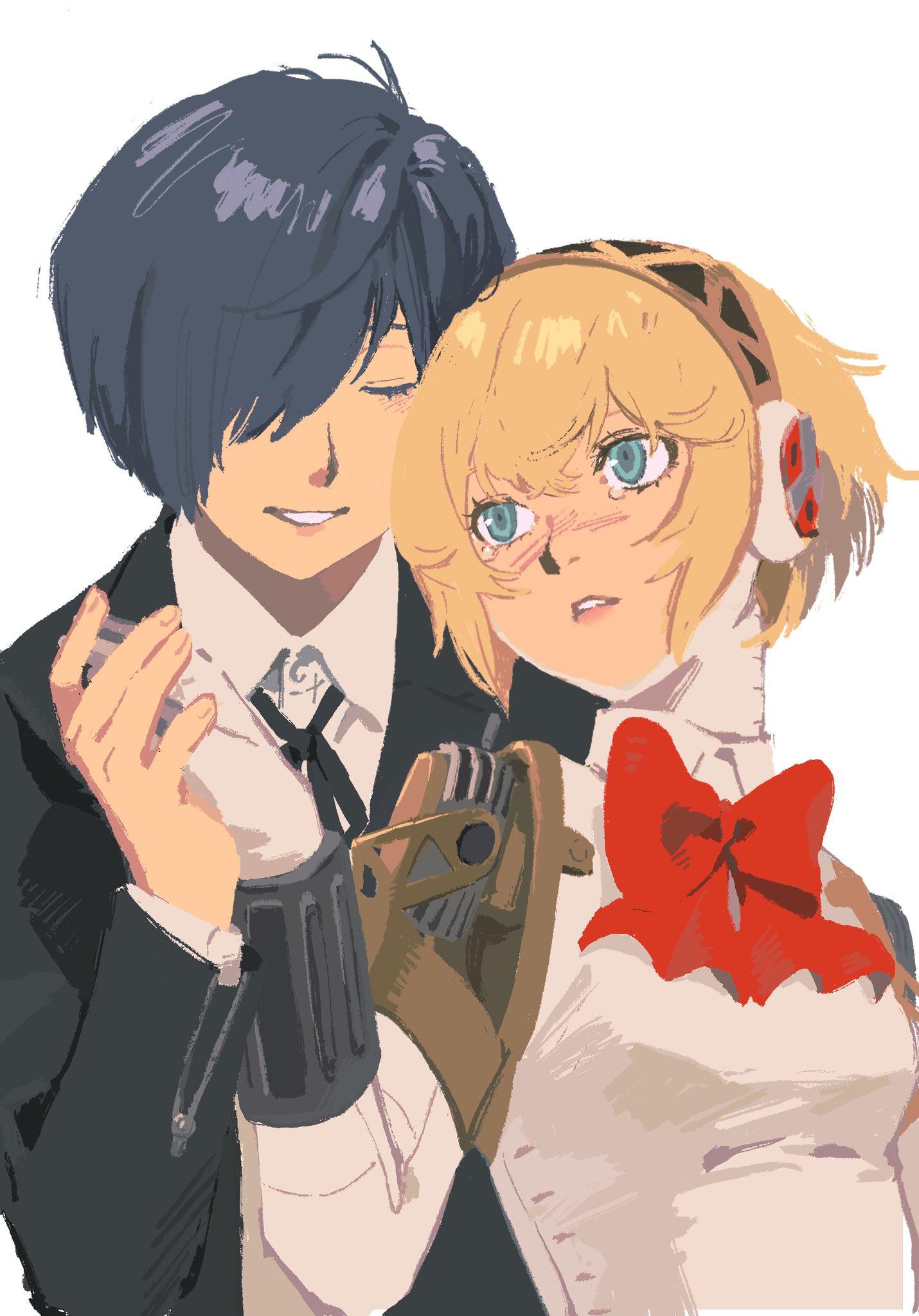 hideyo746, aigis (persona), yuuki makoto (persona 3), persona, persona 3, hashtag-only commentary, highres, 1boy, 1girl, android, black jacket, black ribbon, blonde hair, blue eyes, blue hair, blush, bow, bowtie, breasts, closed eyes, collared shirt, crossed bangs, doll joints, gekkoukan high school uniform, gloves, hair between eyes, hair over one eye, hairband, hetero, holding hands, jacket, joints, medium breasts, neck ribbon, parted lips, red bow, red bowtie, ribbon, school uniform, shirt, short hair, smile, tears, upper body, white gloves, white shirt