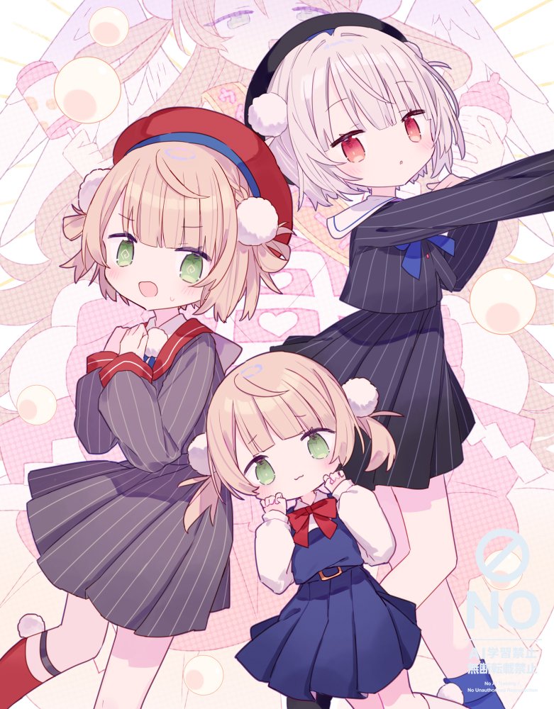 mizumizu (phoenix), shigure ui (1st costume) (vtuber), shigure ui (vtuber), shigure ui (young) (vtuber), ui (voisona), indie virtual youtuber, voisona, commentary, symbol-only commentary, 3girls, :d, black hat, black jacket, black skirt, blonde hair, blue dress, blunt bangs, blush, closed mouth, collared shirt, dress, feet out of frame, green eyes, grey hair, grey jacket, grey skirt, hair intakes, hair ornament, hands up, hat, jacket, kneehighs, long sleeves, looking at viewer, multiple girls, multiple persona, open mouth, outstretched arm, parted lips, pinafore dress, pinstripe jacket, pinstripe pattern, pinstripe skirt, pleated dress, pleated skirt, pom pom (clothes), pom pom hair ornament, red eyes, red sailor collar, red socks, sailor collar, shirt, short hair, skirt, sleeveless, sleeveless dress, smile, socks, standing, watermark, white shirt, white socks