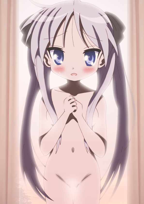 yamasaki wataru, hiiragi kagami, lucky star, 00s, 1girl, blue eyes, blush, breasts, censored, censored nipples, convenient censoring, embarrassed, female focus, groin, hair ribbon, long hair, navel, nervous, nude, purple hair, ribbon, small breasts, solo, tsurime, twintails