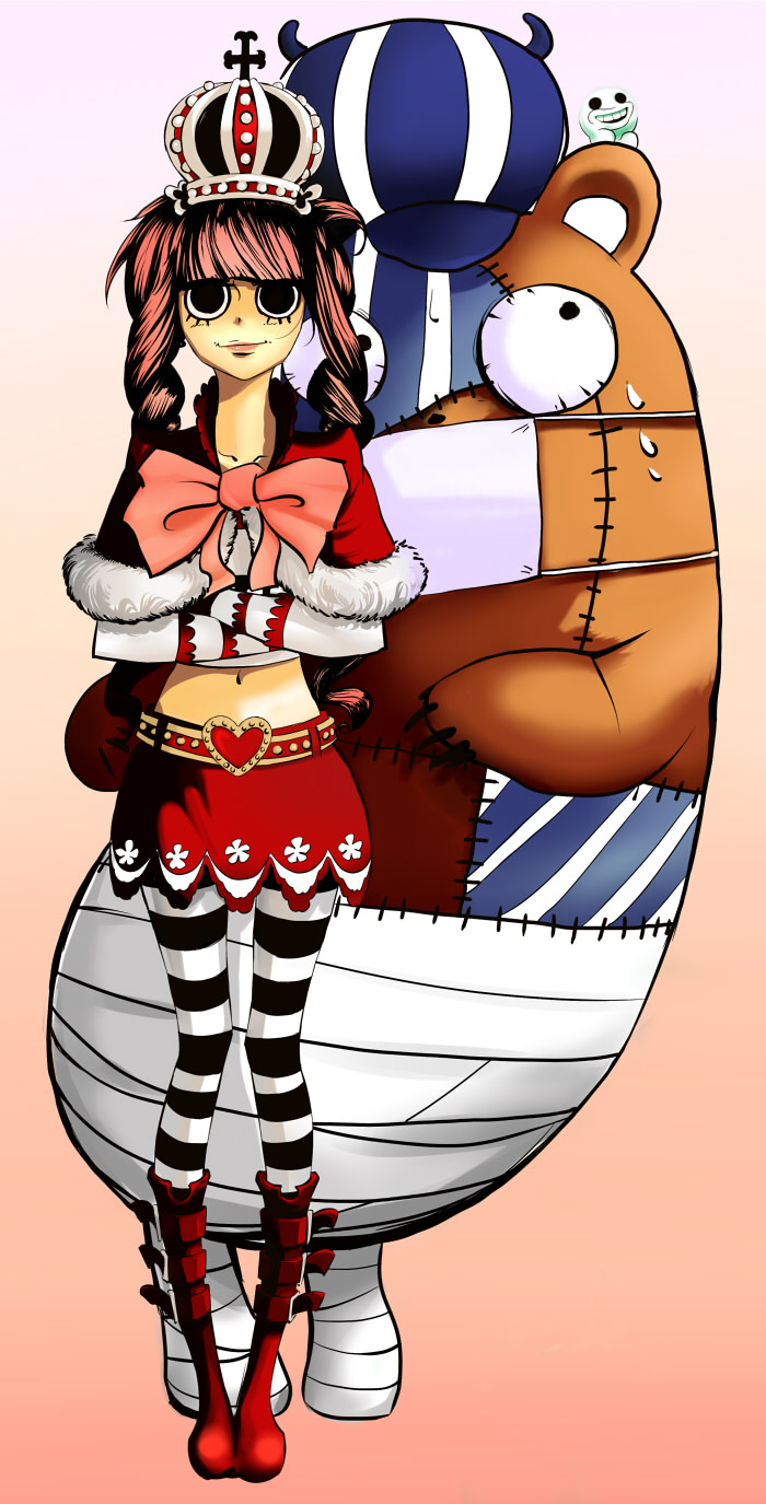 mikoma, kumacy, perona, one piece, red footwear, highres, 1girl, alternate legwear, capelet, crossed arms, crown, drill hair, full body, fur trim, long sleeves, midriff, navel, pantyhose, pink hair, red skirt, shoes, skirt, standing, striped clothes, striped pantyhose, striped thighhighs, thighhighs, thriller bark, twintails