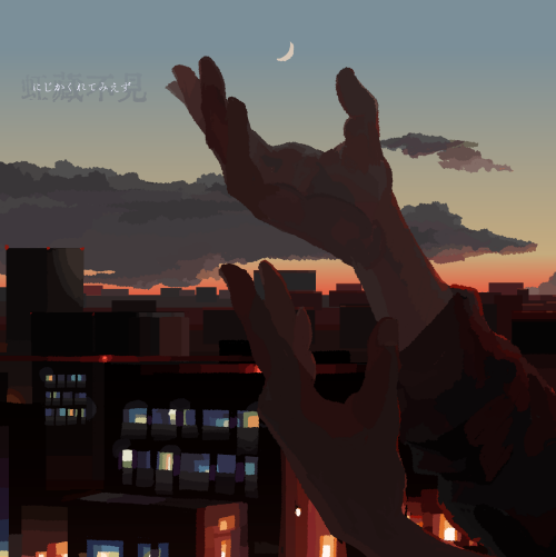 uzono (yuushitsu), original, commentary request, architecture, city, cityscape, cloud, cloudy sky, hand up, moon, no humans, sky, twilight
