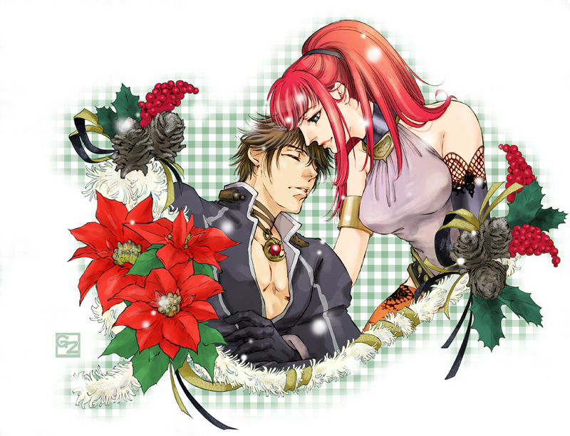 g-zennosuke, karin koenig, yuri hyuga, shadow hearts, shadow hearts ii, 1boy, 1girl, armband, bare shoulders, brown hair, closed eyes, couple, flower, green eyes, long hair, ponytail, red hair, short hair