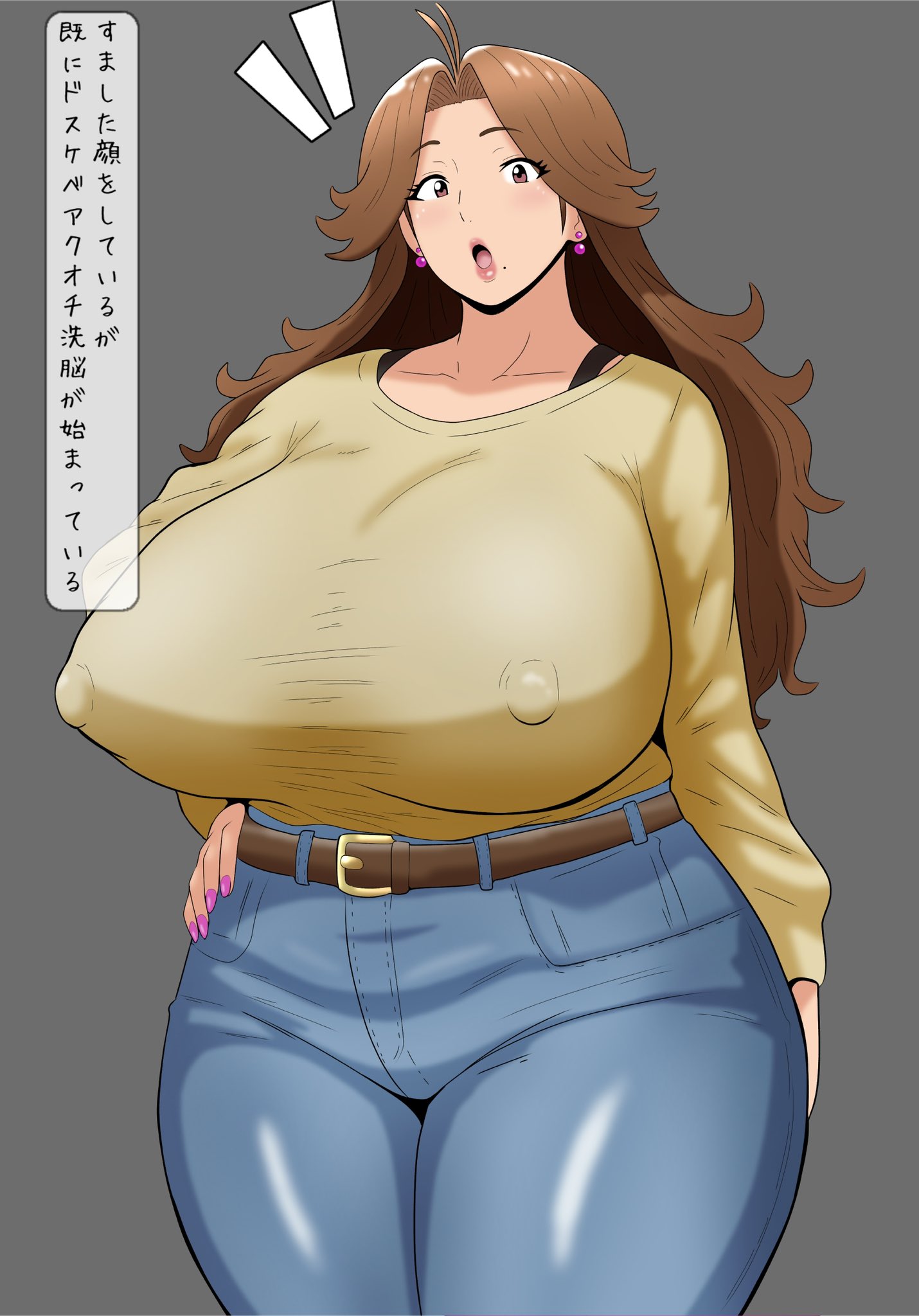 tonbi (enbitonbi), original, 1girl, belt, blue pants, bra strap, breasts, brown eyes, brown hair, covered erect nipples, curvy, denim, earrings, hair intakes, hand on own hip, huge breasts, japanese text, jeans, jewelry, lips, long hair, mature female, mole, mole under mouth, open mouth, pants, pink nails, plump, shirt, solo, sphere earrings, standing, surprised, wide hips, yellow shirt