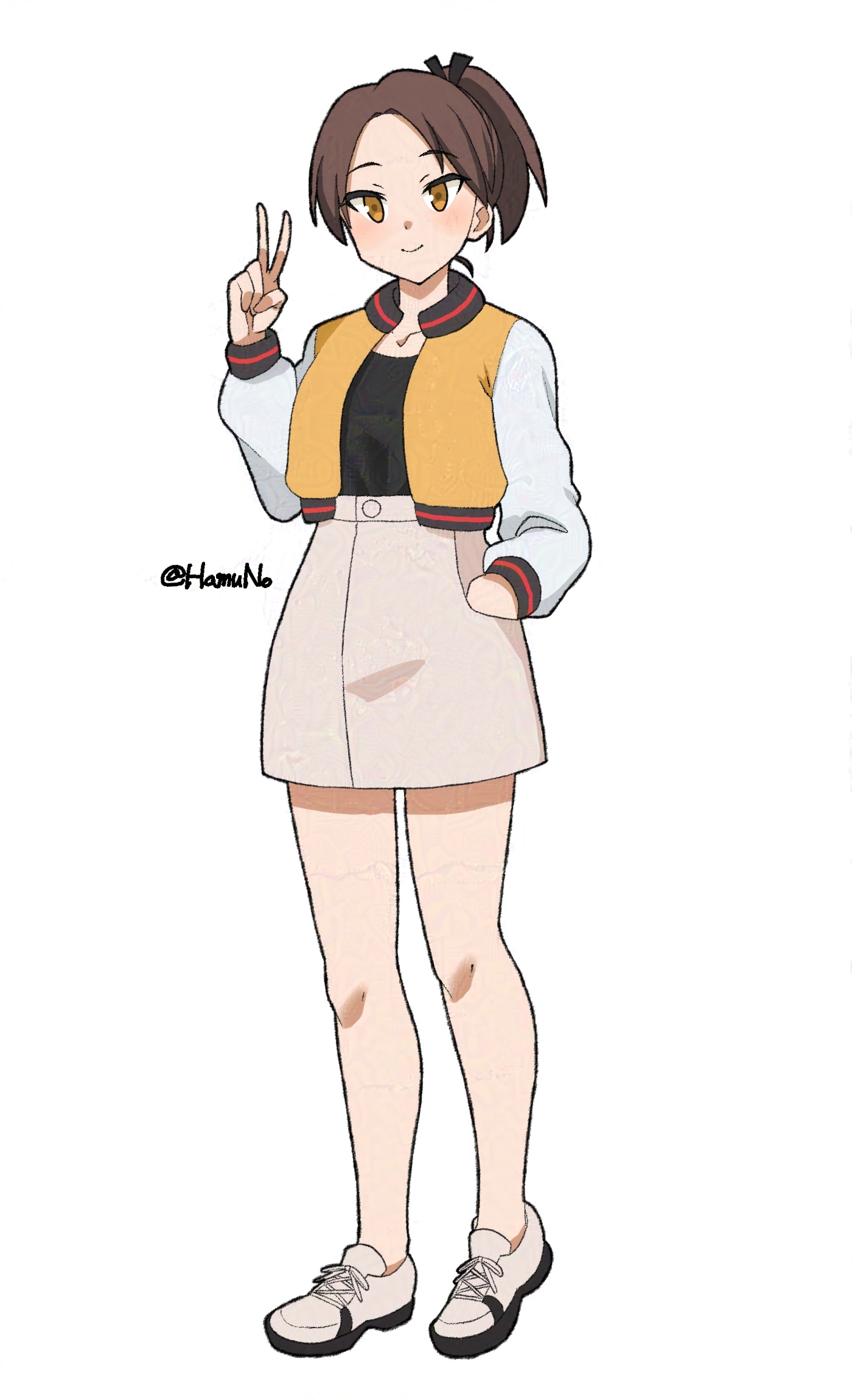 hamuno, shikinami (kancolle), kantai collection, commentary request, highres, 1girl, alternate costume, brown eyes, brown hair, brown skirt, full body, hand in pocket, jacket, multicolored jacket, one-hour drawing challenge, ponytail, shoes, short hair, simple background, skirt, sneakers, solo, twitter username, two-tone jacket, v, white background, white shoes, yellow jacket
