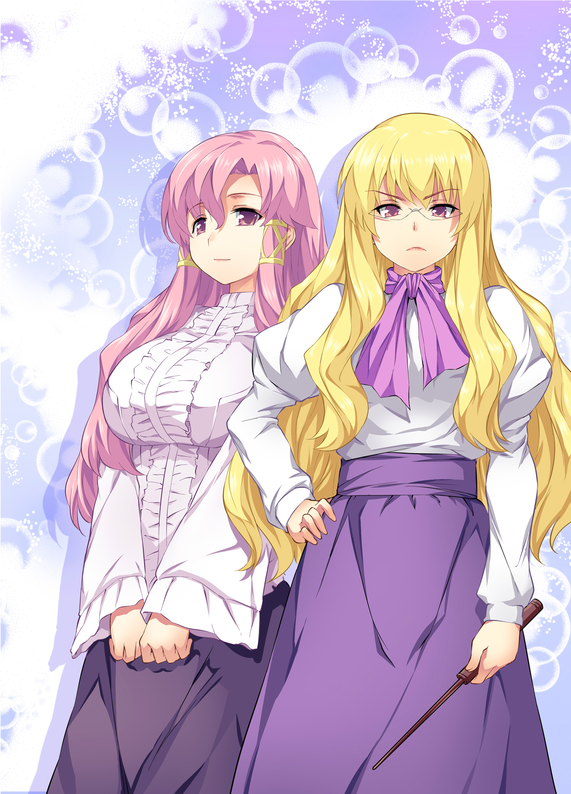 hikapan, saeki shun, tosh (imonade ryouchou), cattleya yvette la baume le blanc de la fontaine, eleanor albertine le blanc de la blois de la valliere, zero no tsukaima, bad id, bad pixiv id, highres, 00s, 2girls, blonde hair, dress, frills, glasses, long hair, multiple girls, pink eyes, pink hair, wand