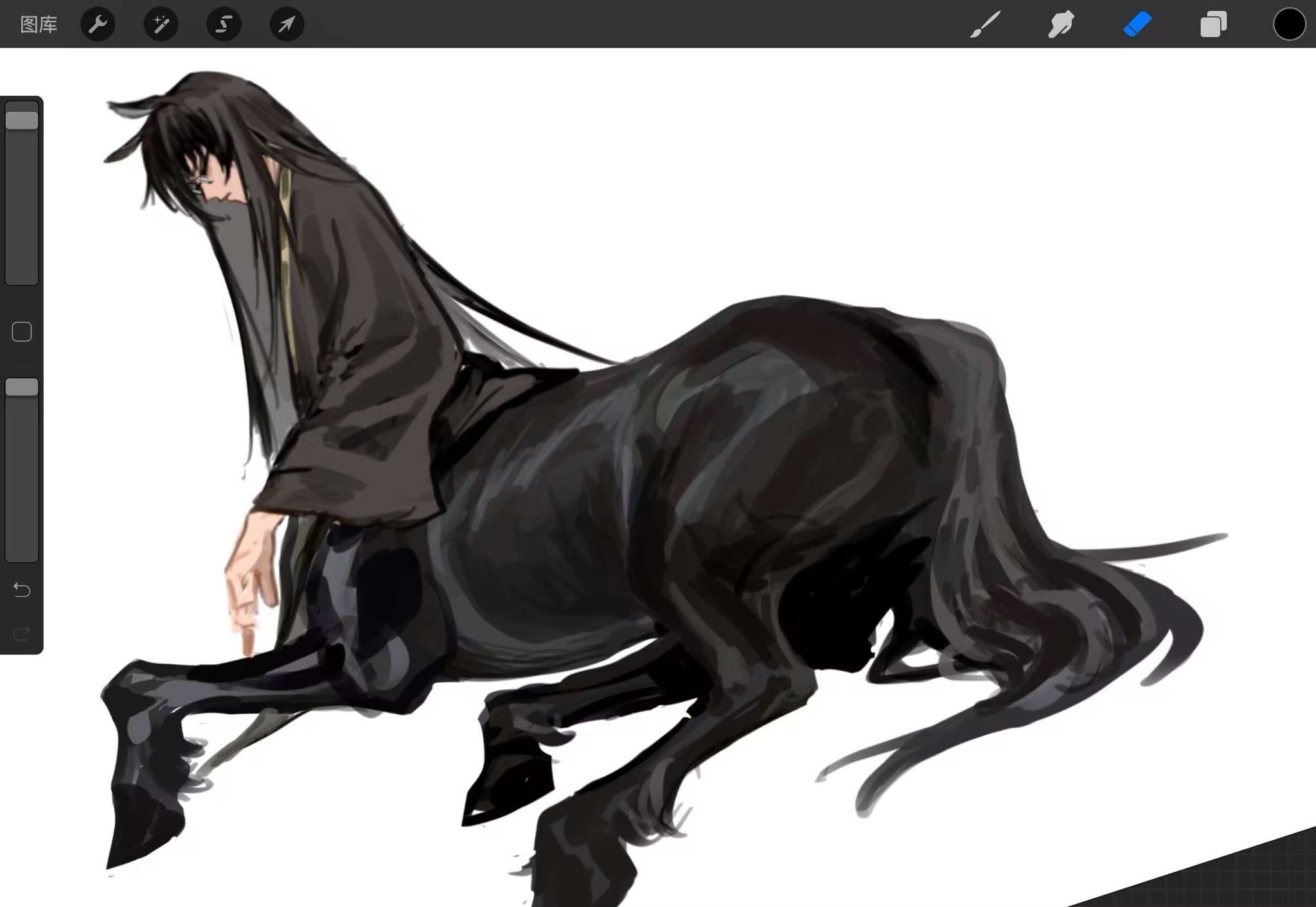 yi sang (project moon), limbus company, project moon, screencap, commentary request, highres, 1boy, animal ears, art program in frame, black hair, centaur, closed eyes, full body, gold trim, head down, heishou pack-wu branch (identity) (project moon), horse ears, icco ho, long hair, long sleeves, male focus, official alternate costume, on ground, sitting, solo, taur