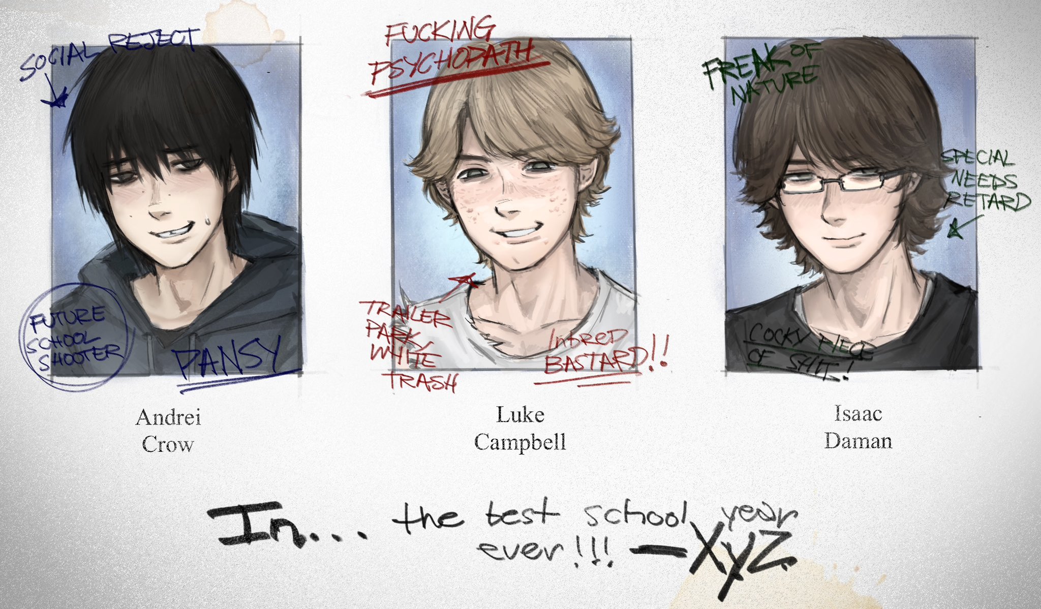 snuffjak, original, highres, non-web source, 3boys, black eyes, black hair, black sweater, blonde hair, blue eyes, blue hoodie, brown hair, chin dimple, cleft chin, english text, glasses, green eyes, hood, hoodie, insult, multiple boys, multiple moles, pimple, profanity, sweater, tank top, tooth gap, white tank top, yearbook