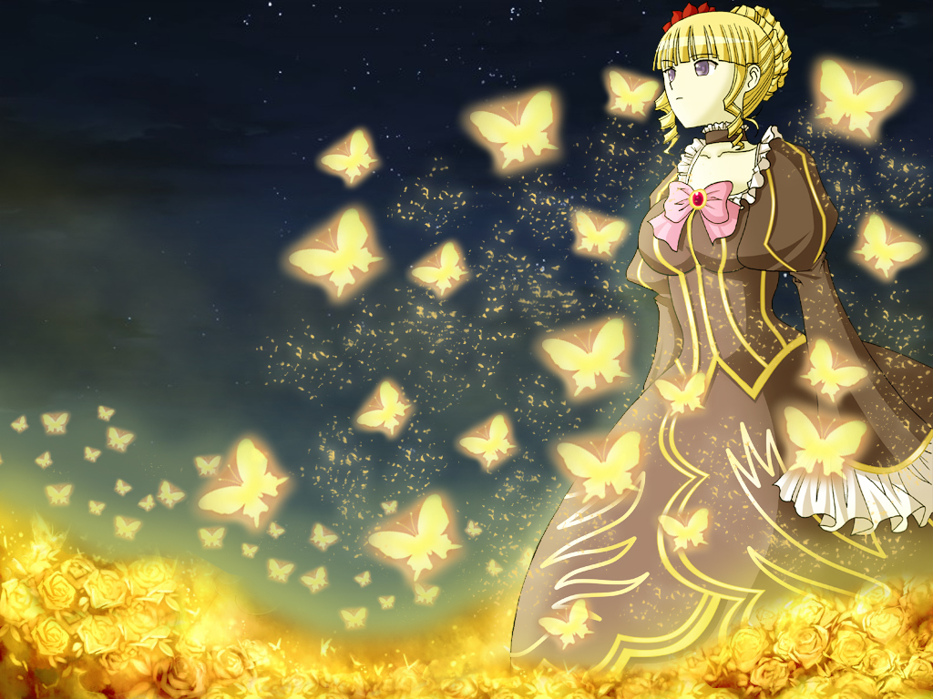 seraphina, beatrice (umineko), umineko no naku koro ni, european clothes, 00s, bug, butterfly, flower, insect, rose, solo