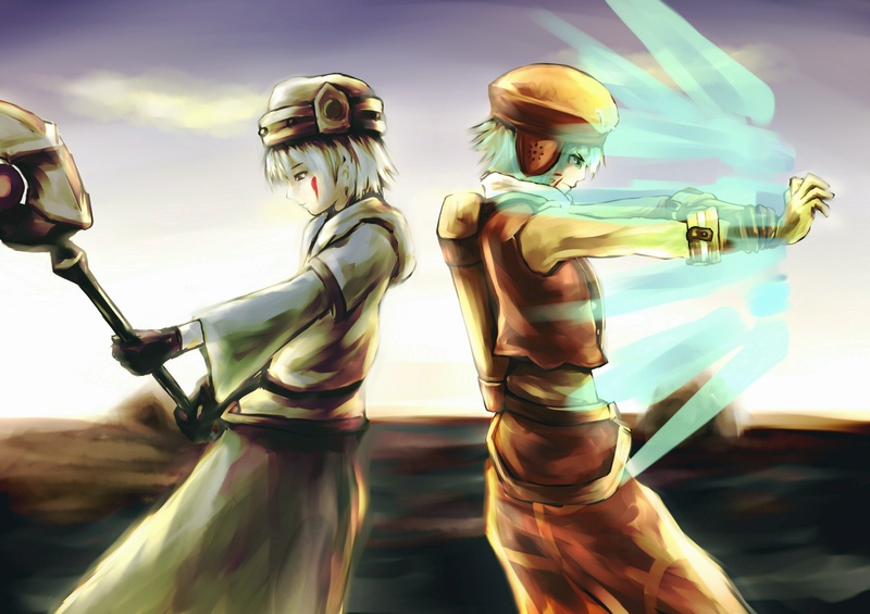 yosa, kite (.hack//), tsukasa (.hack//), .hack//, .hack//games, .hack//sign, bandai, cyber connect 2, 00s, 2boys, aqua hair, facepaint, gloves, grey hair, hat, male focus, multiple boys, staff