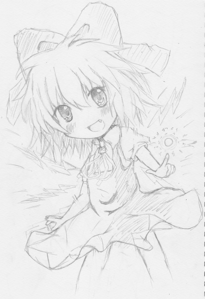 bachi cirno, cirno, ikazu cirno, embodiment of scarlet devil, touhou, traditional media, 1girl, bow, female focus, greyscale, hair bow, monochrome, solo