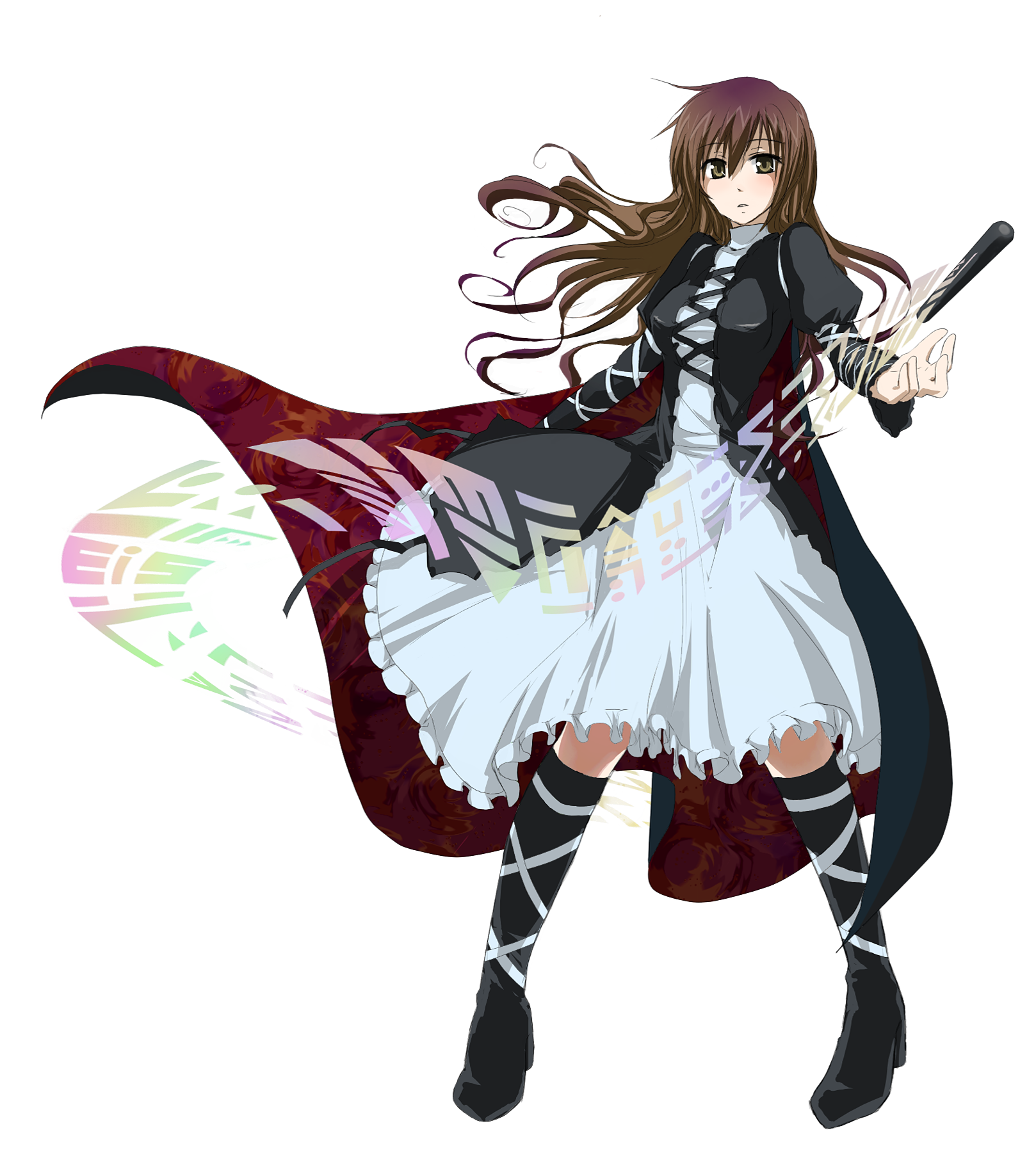 tenjou kai, hijiri byakuren, touhou, european clothes, highres, 1girl, brown eyes, brown hair, cape, dress, female focus, full body, gradient hair, long hair, multicolored hair, scroll, solo, sorcerer's sutra scroll, transparent background