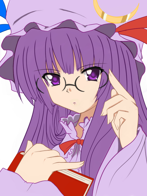 nattsu kei, patchouli knowledge, touhou, bad id, bad pixiv id, 1girl, adjusting eyewear, bespectacled, book, bow, female focus, flat color, glasses, hair bow, hair ribbon, hat, long hair, purple eyes, purple hair, ribbon, simple background, solo, white background