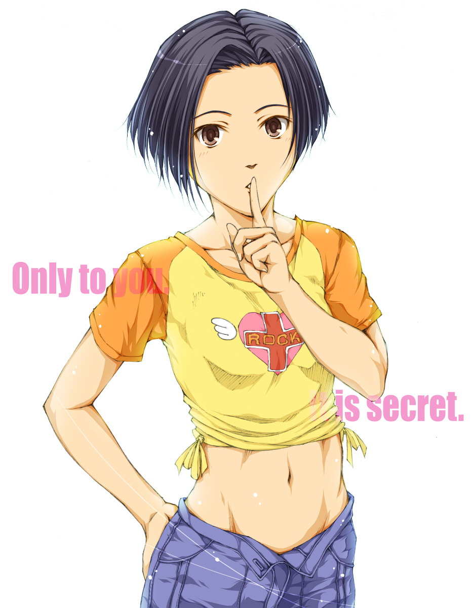 suda (yuunagi enikki), kobayakawa rinko, love plus, bad id, bad pixiv id, highres, 1girl, black hair, brown eyes, denim, female focus, finger to mouth, jeans, midriff, open fly, pants, raglan sleeves, short hair, shushing, solo, unzipped