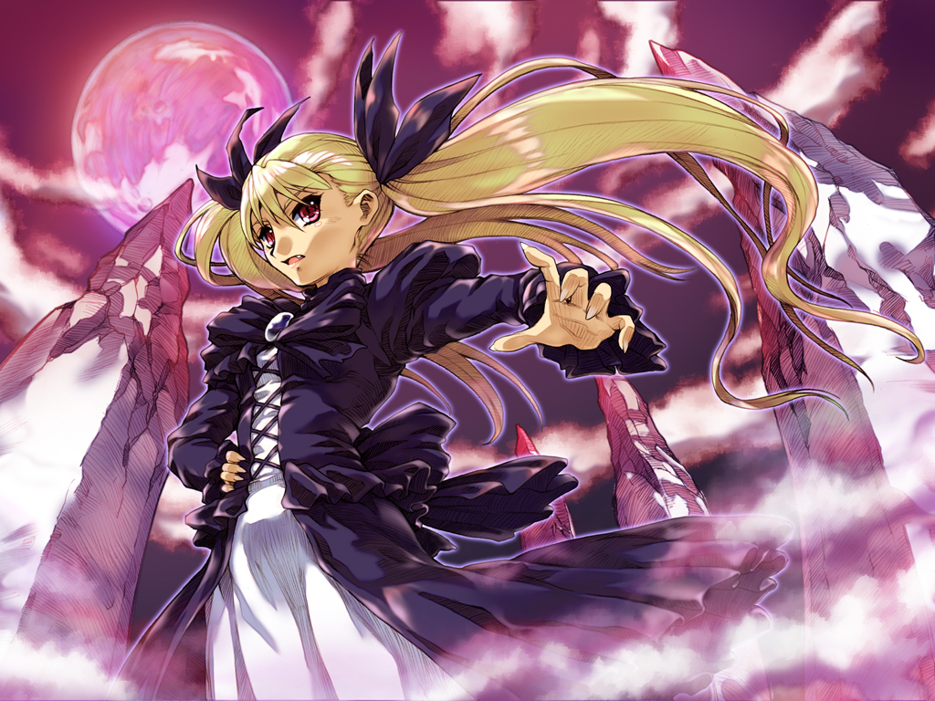 hisahiko, mina tepes, dance in the vampire bund, 1girl, blonde hair, fang, female focus, full moon, long hair, moon, red eyes, solo, twintails