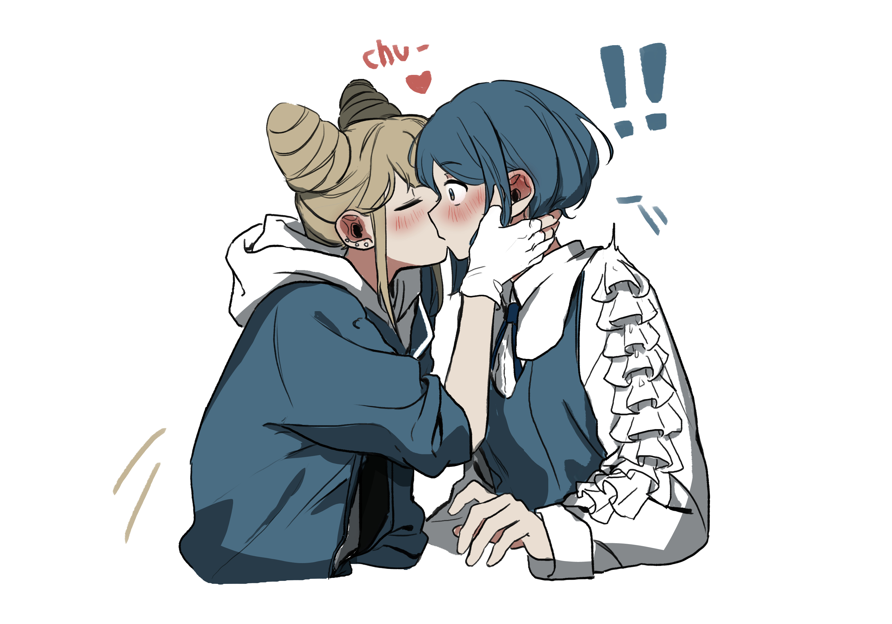 fukurai azami, jasmine (toshi densetsu kaitai center), toshi densetsu kaitai center, commentary request, highres, !, !!, 2girls, blonde hair, blue hair, blue jacket, closed eyes, cone hair bun, cookie telo, ear piercing, fingerless gloves, frills, gloves, hair bun, hood, hoodie, jacket, kiss, multiple girls, piercing, short hair, simple background, upper body, white background, white gloves, white hoodie, yuri