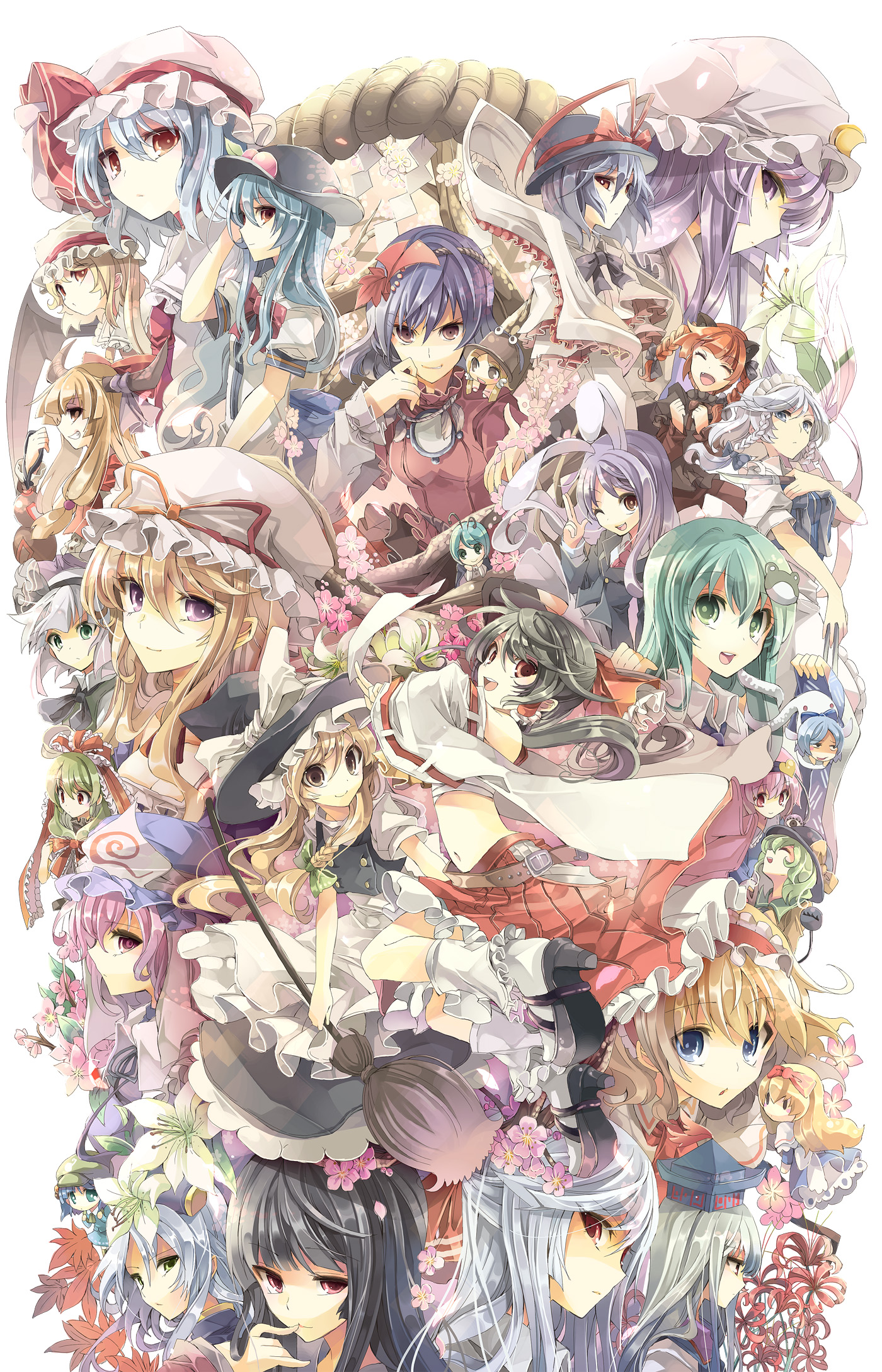 fruit punch, alice margatroid, cirno, flandre scarlet, fujiwara no mokou, hakurei reimu, hinanawi tenshi, houraisan kaguya, ibuki suika, izayoi sakuya, kaenbyou rin, kagiyama hina, kamishirasawa keine, kawashiro nitori, kirisame marisa, kochiya sanae, komeiji koishi, komeiji satori, konpaku youmu, moriya suwako, nagae iku, patchouli knowledge, reisen udongein inaba, remilia scarlet, saigyouji yuyuko, wriggle nightbug, yagokoro eirin, yakumo yukari, yasaka kanako, touhou, highres, 6+girls, braid, everyone, from side, hair between eyes, hat, mob cap, multiple girls, twin braids, two side up