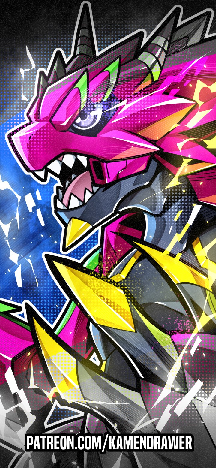ashmish, armalizamon, digimon, commentary, english commentary, highres, armor, digimon (creature), electricity, horns, lizard, no humans, open mouth, pink armor, purple eyes, sharp teeth, teeth, upper body, watermark, web address