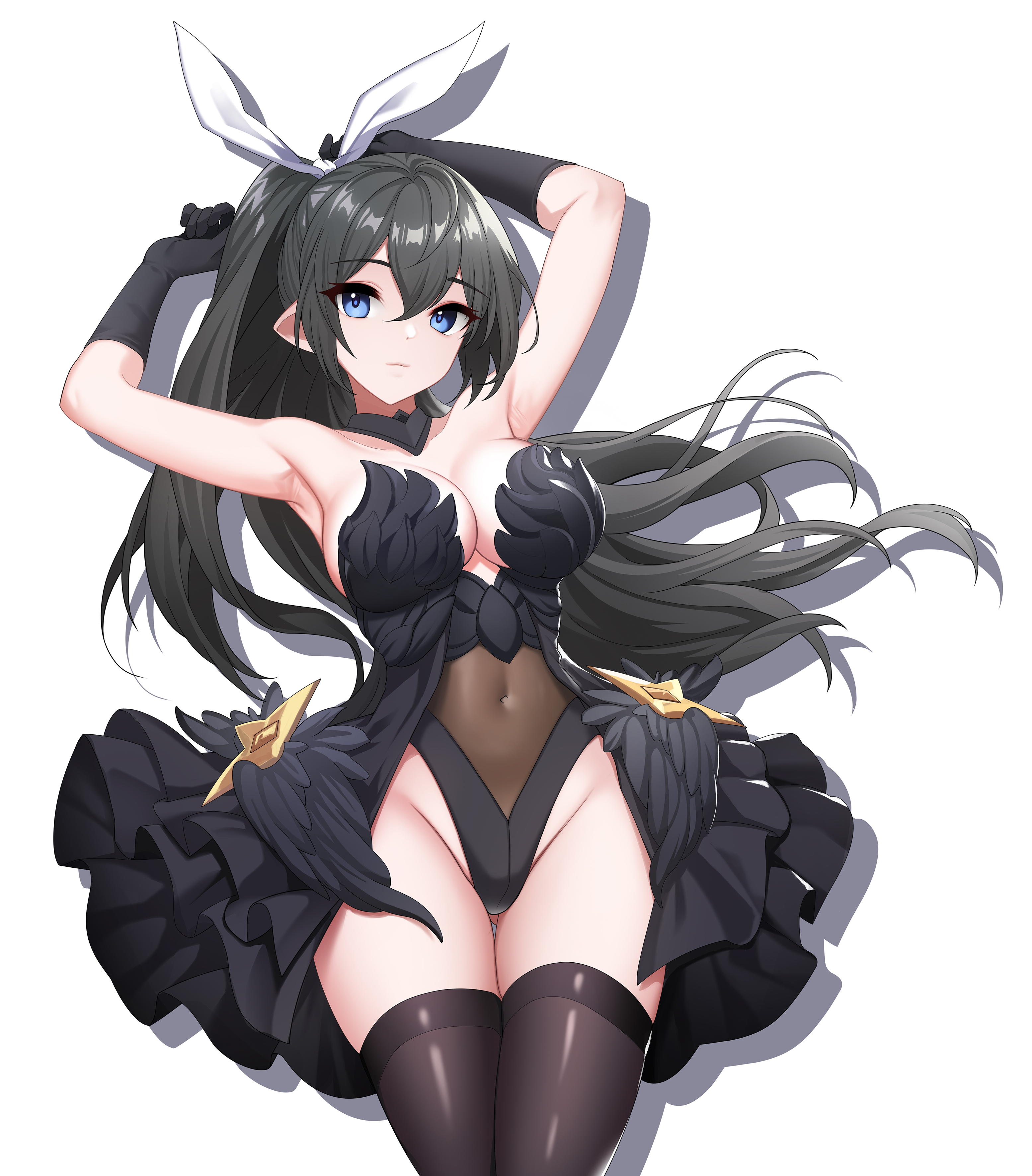 dopamine70, original, absurdres, commentary, highres, symbol-only commentary, 1girl, black gloves, black hair, black leotard, black thighhighs, blue eyes, breasts, cleavage, covered navel, gloves, highleg, highleg leotard, large breasts, leotard, long hair, pointy ears, ponytail, ribbon, showgirl skirt, simple background, solo, thigh gap, thighhighs, white background, white ribbon