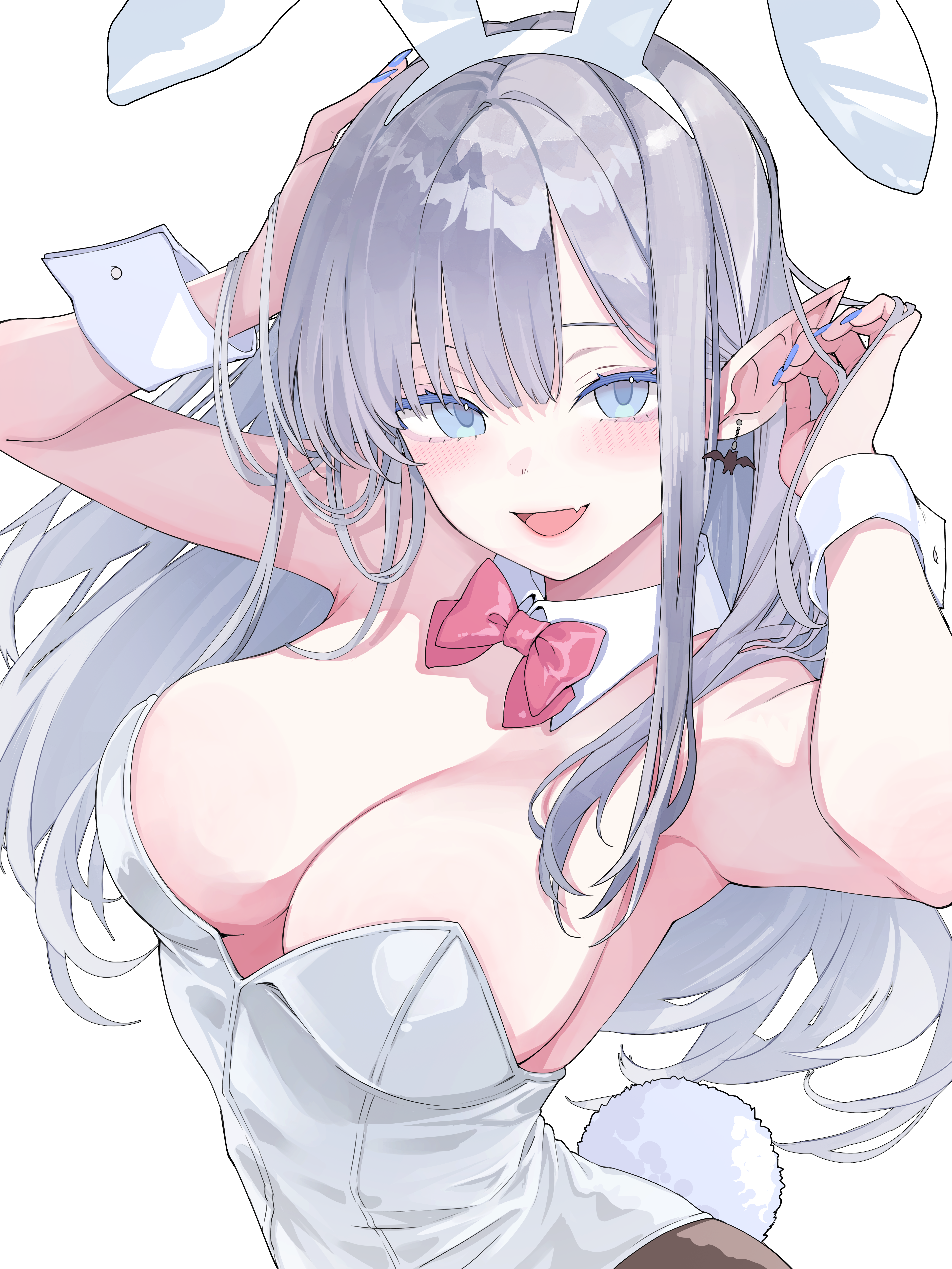 yamai yurika, original, absurdres, commentary request, highres, 1girl, animal ears, armpits, arms up, bare shoulders, bat earrings, blue eyes, blue nails, bow, bowtie, breasts, cleavage, detached collar, earrings, fake animal ears, fake tail, fang, grey hair, hairband, jewelry, large breasts, leotard, long hair, looking at viewer, nail polish, open mouth, playboy bunny, pointy ears, rabbit ears, rabbit tail, sidelocks, simple background, smile, solo, strapless, strapless leotard, tail, upper body, white background, white hairband, white leotard, wrist cuffs
