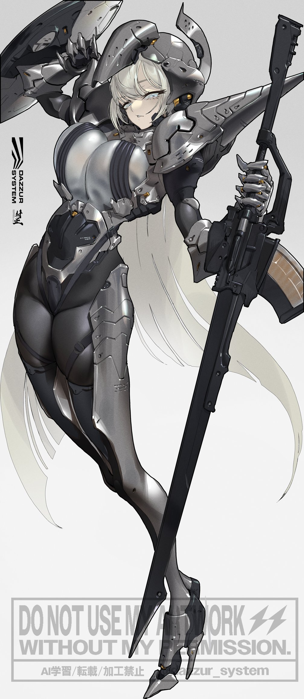 dazzur (dazzur system), original, commentary, highres, 1girl, arm armor, armor, bayonet, blue eyes, bodysuit, breasts, grey hair, helmet, high heels, holding, holding shield, holding weapon, large breasts, shield, shoulder armor, solo, watermark, weapon, white armor