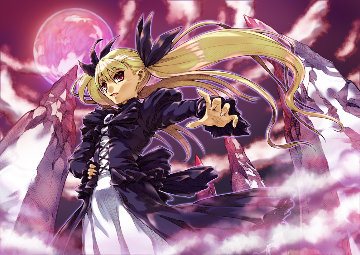 hisahiko, mina tepes, dance in the vampire bund, 1girl, blonde hair, fang, female focus, full moon, long hair, moon, red eyes, solo, twintails