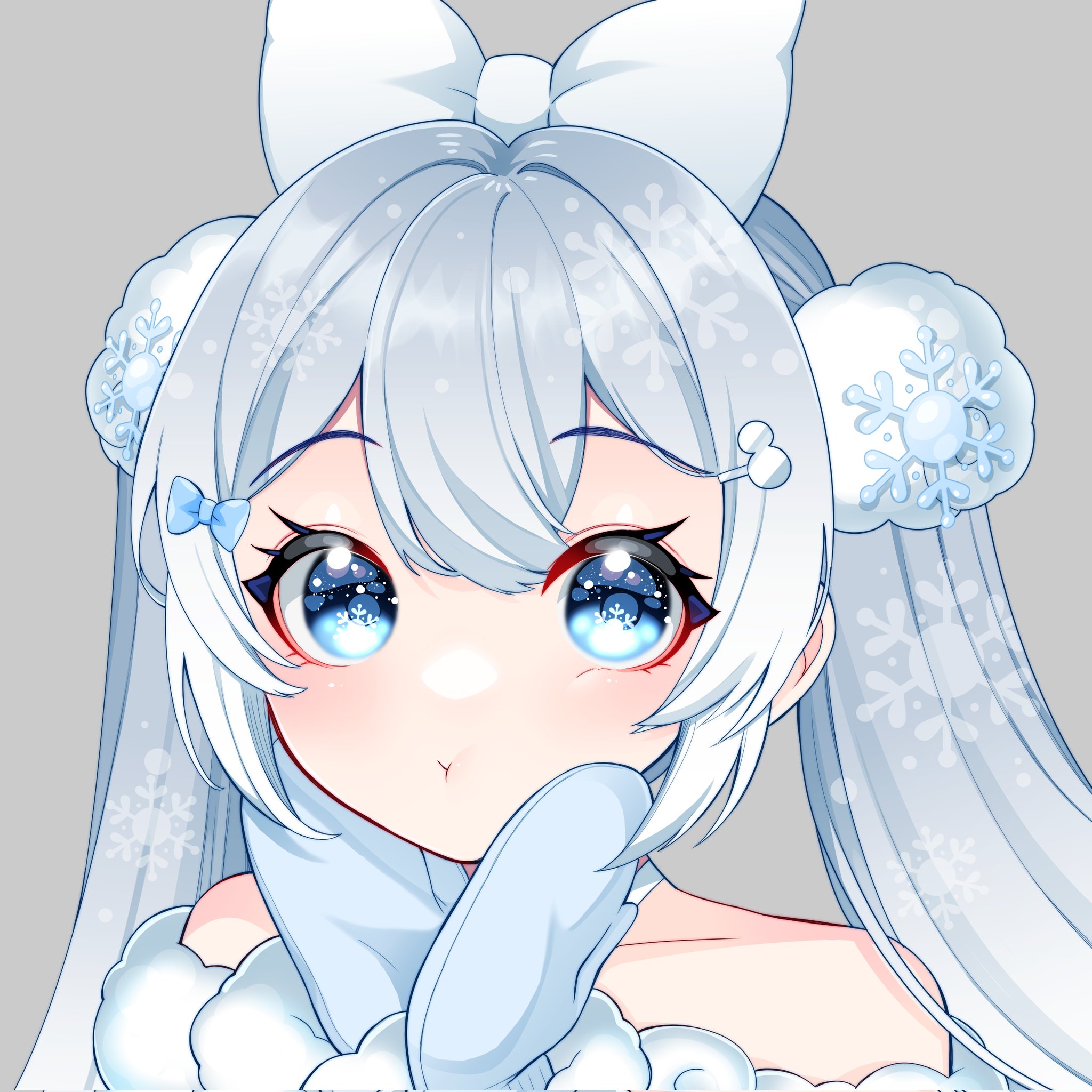 masumofu, hatsune miku, yuki miku, vocaloid, commentary request, highres, 1girl, aqua hair, aqua mittens, bare shoulders, blue eyes, blush, bow, collarbone, grey background, hair between eyes, hair bow, long hair, looking at viewer, mittens, simple background, solo, twintails, very long hair, white bow