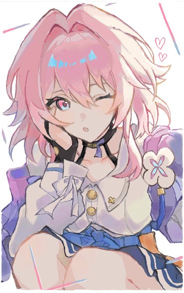 march 7th (honkai: star rail), march 7th (preservation) (honkai: star rail), honkai: star rail, honkai (series), commentary request, 1girl, black choker, black gloves, blue eyes, blue jacket, blue skirt, border, bow, breasts, buttons, choker, clothes around waist, collarbone, collared shirt, fingerless gloves, flower, flower ornament, gloves, hair between eyes, hand on own face, hand up, heart, jacket, looking at viewer, medium breasts, multicolored eyes, one eye closed, open clothes, open jacket, open mouth, partially fingerless gloves, pink hair, pleated skirt, purple eyes, sato 0204, shirt, short hair, sidelocks, simple background, sitting, skirt, solo, tied jacket, white background, white border, white bow, white flower, white shirt