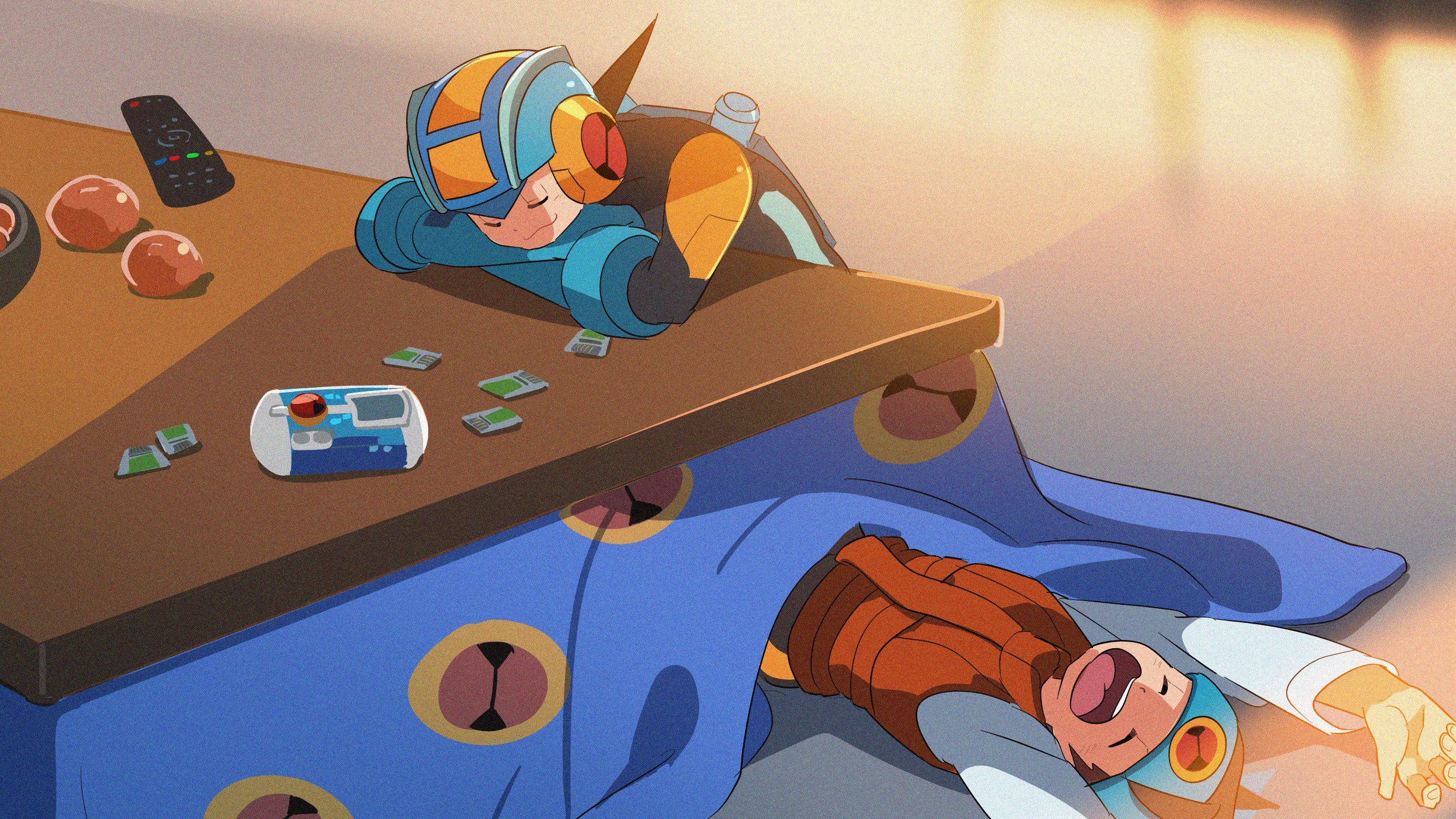 3suisousui, lan hikari (mega man), megaman.exe, mega man (series), mega man battle network (series), commentary request, highres, 2boys, blue headband, brothers, brown hair, closed eyes, controller, headband, kotatsu, male focus, multiple boys, open mouth, orange vest, remote control, shirt, siblings, sleeping, table, twins, under kotatsu, under table, vest, white shirt