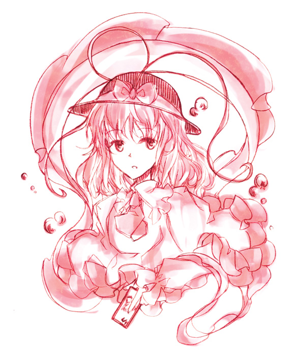 uri uri, nagae iku, touhou, 1girl, female focus, frills, hat, monochrome, pink theme, ribbon, solo