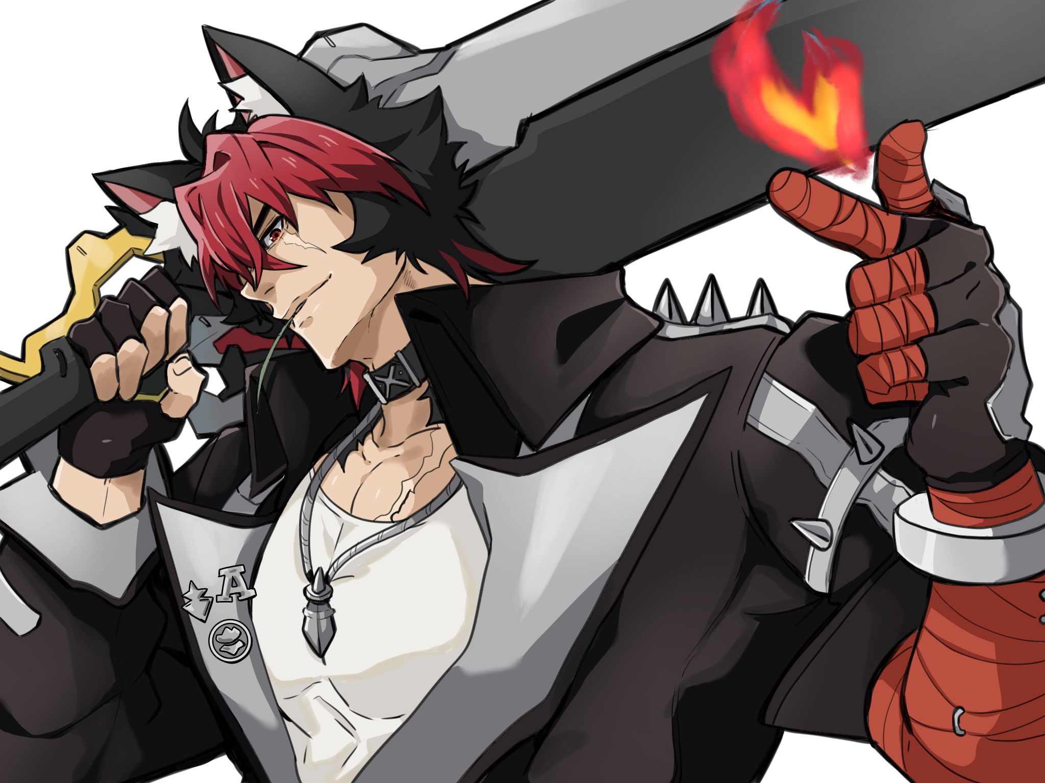 komano manato, zenless zone zero, commentary request, highres, 1boy, animal ears, bandaged arm, bandages, black gloves, dog boy, dog ears, fingerless gloves, gloves, holding, holding sword, holding weapon, huge weapon, jewelry, looking at viewer, male focus, muscular, muscular male, necklace, over shoulder, red bandage, sword, sword over shoulder, user nehp8487, weapon, weapon over shoulder