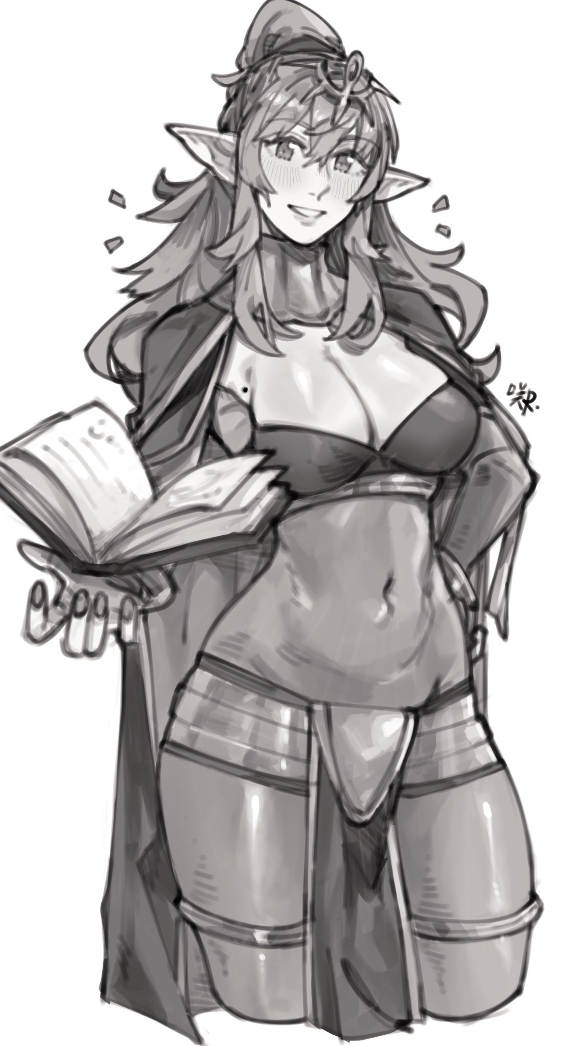 sakuremi, tharja (fire emblem), tiki (adult) (fire emblem), tiki (fire emblem), fire emblem, fire emblem awakening, nintendo, commentary, english commentary, highres, 1girl, alternate costume, blush, bodystocking, book, breasts, cleavage, cosplay, covered navel, grin, hair ornament, hand on own hip, jewelry, large breasts, long hair, looking at viewer, mole, open book, pelvic curtain, pointy ears, ponytail, sidelocks, signature, simple background, smile, solo, standing, tharja (fire emblem) (cosplay), thighs