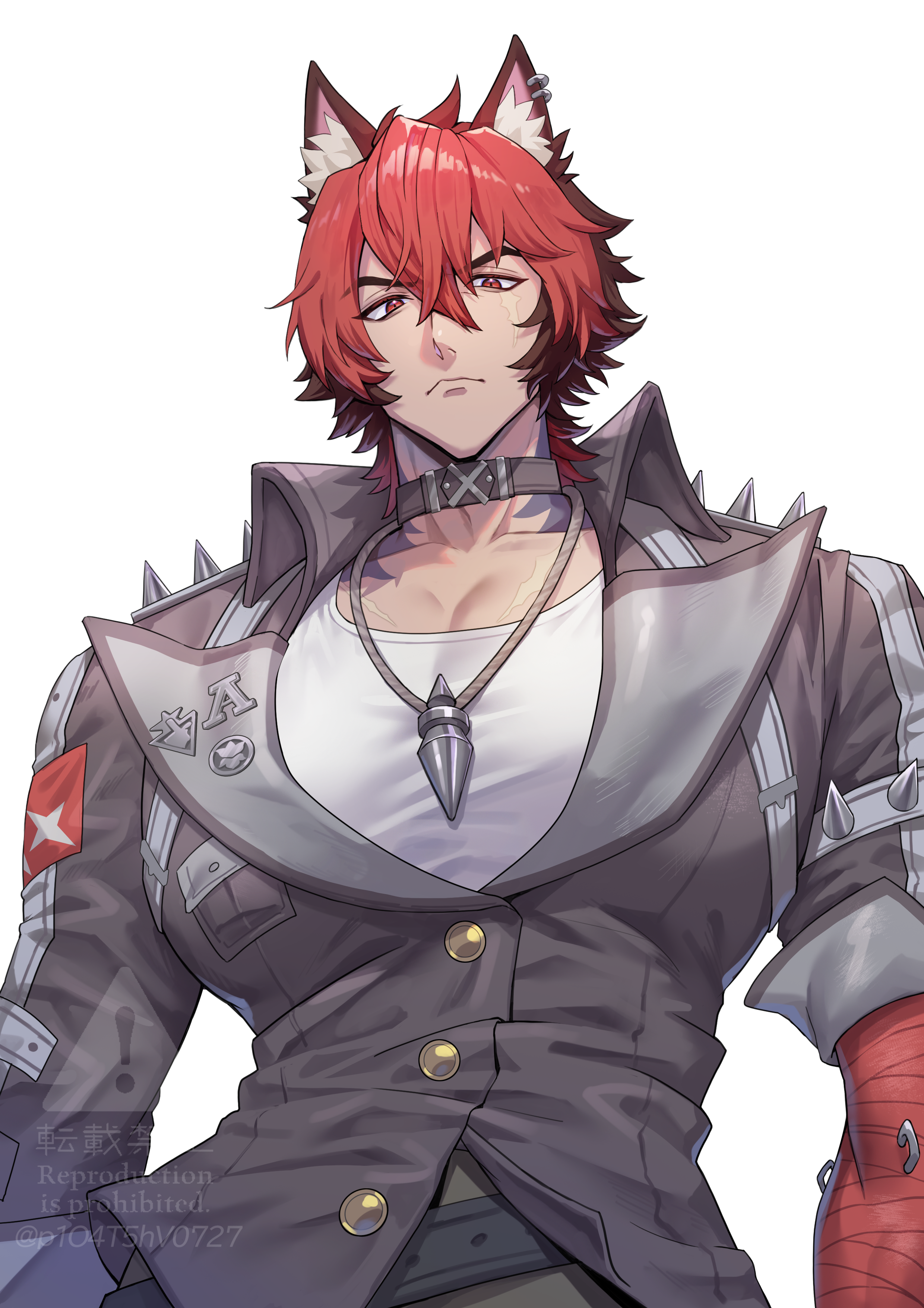 komano manato, zenless zone zero, absurdres, commentary request, highres, 1boy, animal ears, bandaged arm, bandages, black jacket, dog boy, dog ears, jacket, jewelry, kusakan-0727-sinsi, looking at viewer, looking down, male focus, multicolored hair, muscular, muscular male, necklace, pectorals, red bandage, red eyes, red hair, shirt, white shirt