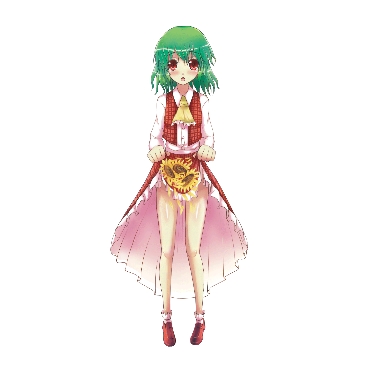 karukei, kazami yuuka, touhou, bad id, bad pixiv id, highres, 1girl, ascot, blush, clothes lift, dress, female focus, flower, full body, green hair, legs, open mouth, plaid clothes, plaid skirt, plaid vest, red eyes, short hair, skirt, skirt basket, skirt lift, skirt set, solo, standing, transparent background, vest