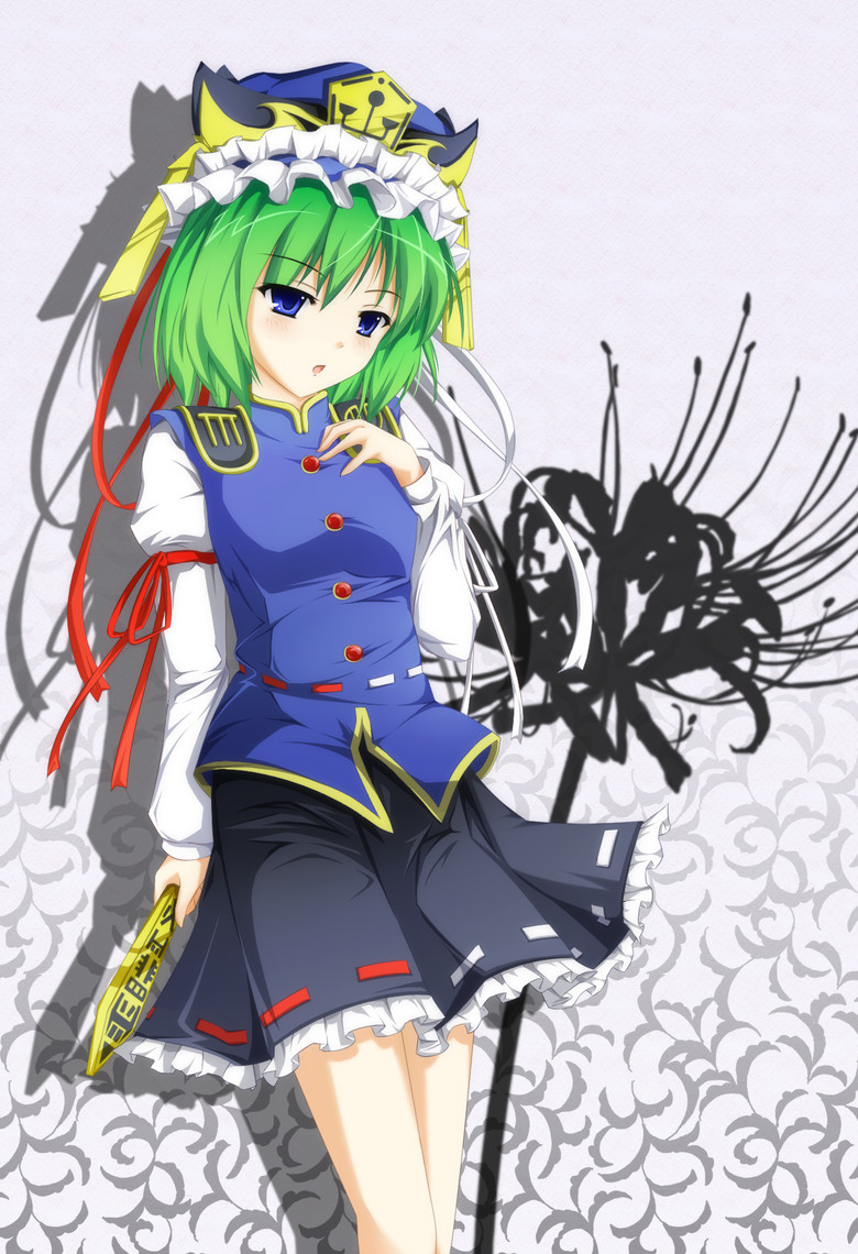 cover-d, shiki eiki, touhou, bad id, bad pixiv id, 1girl, blue eyes, blush, female focus, flower, green hair, grey background, hat, red flower, ribbon, rod of remorse, short hair, solo, spider lily, standing