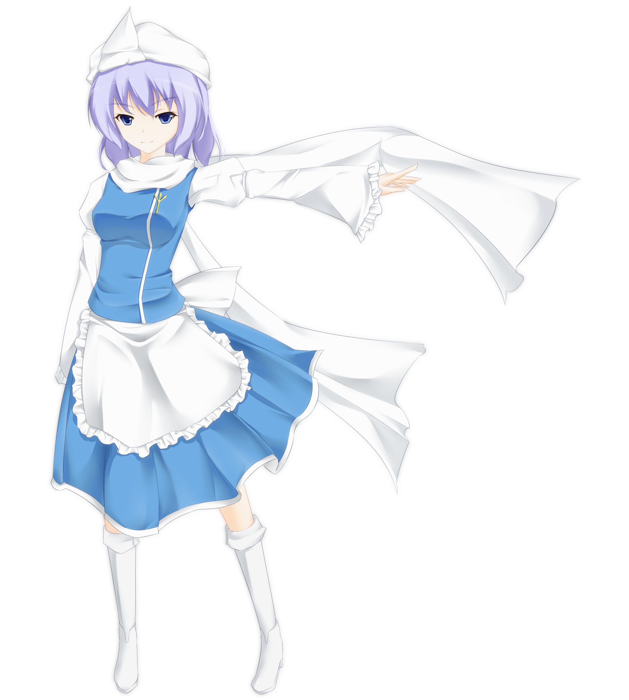 cover-d, letty whiterock, touhou, absurdres, bad id, bad pixiv id, highres, 1girl, blue eyes, blue hair, boots, breasts, female focus, full body, hat, short hair, solo, standing, transparent background
