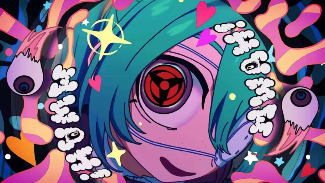 hatsune miku, monitoring (vocaloid), artist request, non-web source, close-up, eyeball, eyepatch, heart, looking at viewer, mangekyou sharingan, medical eyepatch, parted lips, sharingan, sparkle, star (symbol)