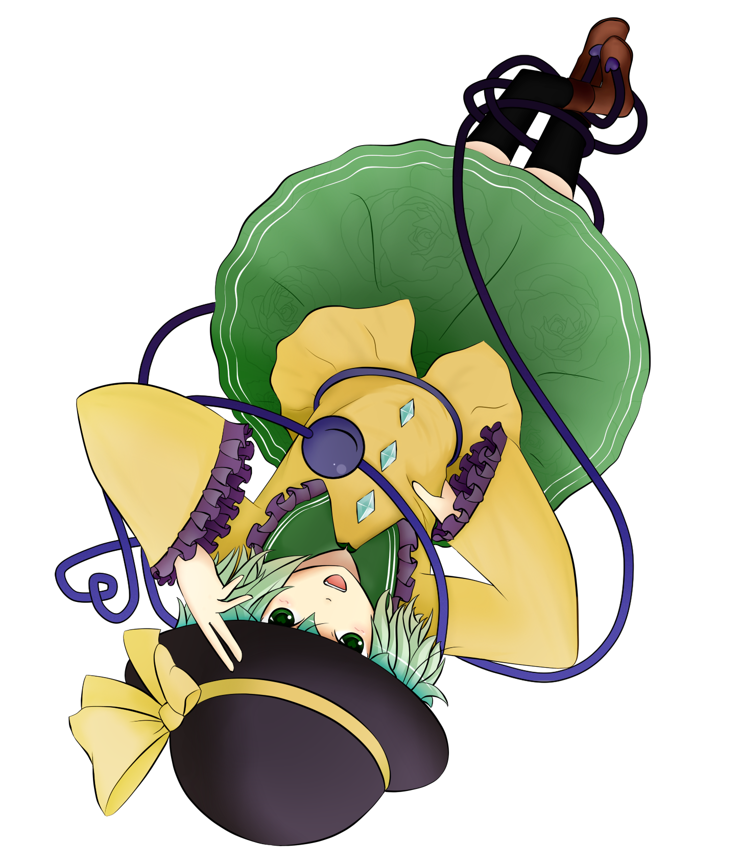 bakko, komeiji koishi, touhou, highres, 1girl, adjusting clothes, adjusting headwear, closed eyes, female focus, flower, full body, green eyes, green hair, hat, heart, heart of string, matching hair/eyes, short hair, solo, symbol-shaped pupils, transparent background, upside-down