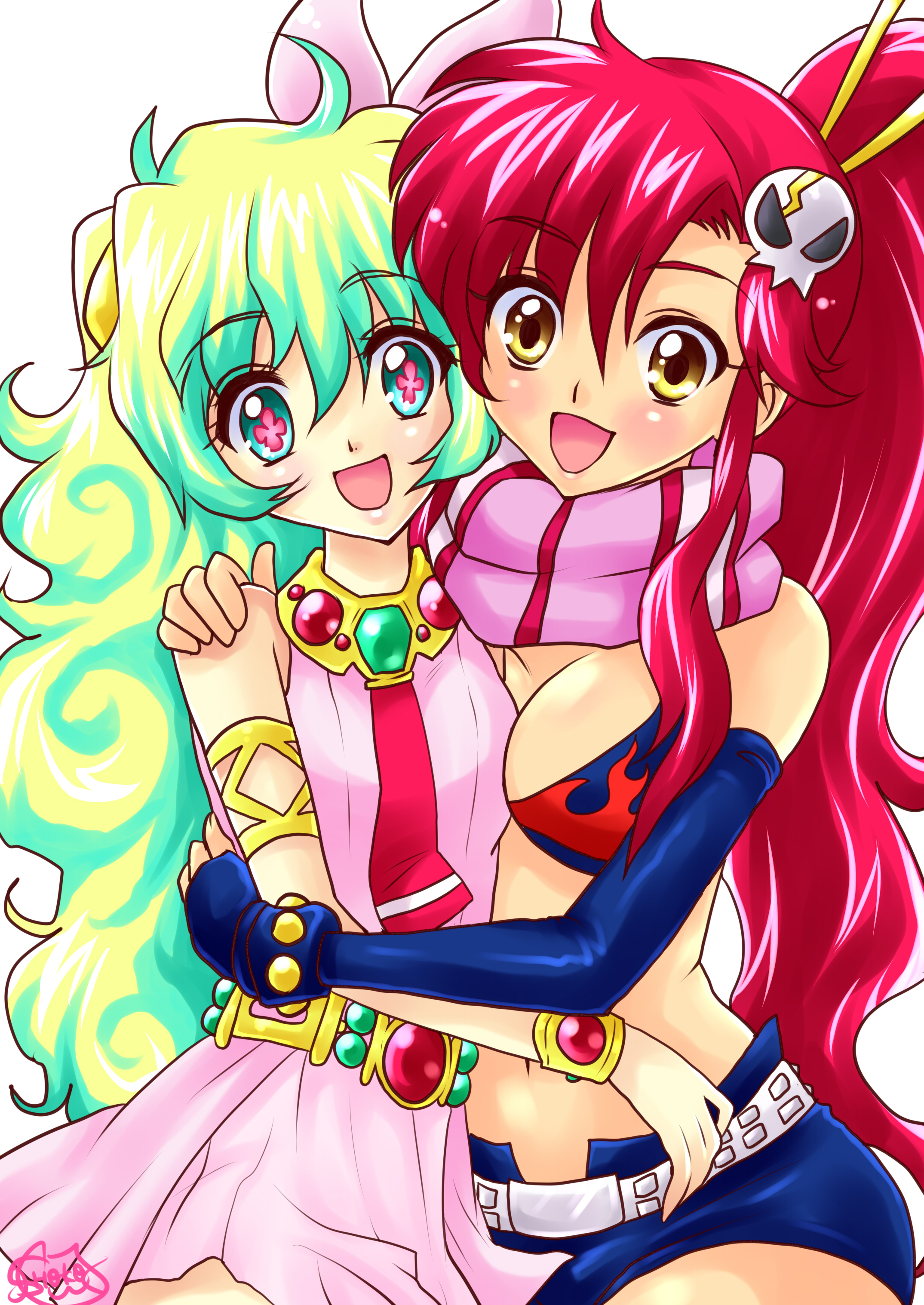 shoko-tan, nia teppelin, yoko littner, tengen toppa gurren lagann, absurdres, highres, + +, 00s, 2girls, belt, bikini, bikini top only, bracelet, cross-shaped pupils, dress, elbow gloves, flower, gloves, hair flower, hair ornament, happy, hug, long hair, multicolored hair, multiple girls, pink dress, pink skirt, ponytail, red hair, short shorts, shorts, skirt, studded belt, studded bracelet, swimsuit, symbol-shaped pupils, two-tone hair, yellow eyes