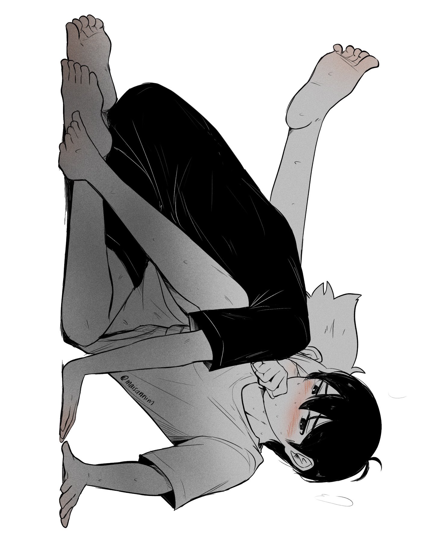 basil (faraway) (omori), basil (omori), sunny (omori), omori, commentary, english commentary, highres, 2boys, alternate costume, antenna hair, arm support, barefoot, closed eyes, double-parted bangs, greyscale, hair between eyes, knee up, maisani, male focus, monochrome, multiple boys, shirt, short hair, shorts, sidelocks, sitting, spot color, sweat, t-shirt, twitter username, wariza, yaoi