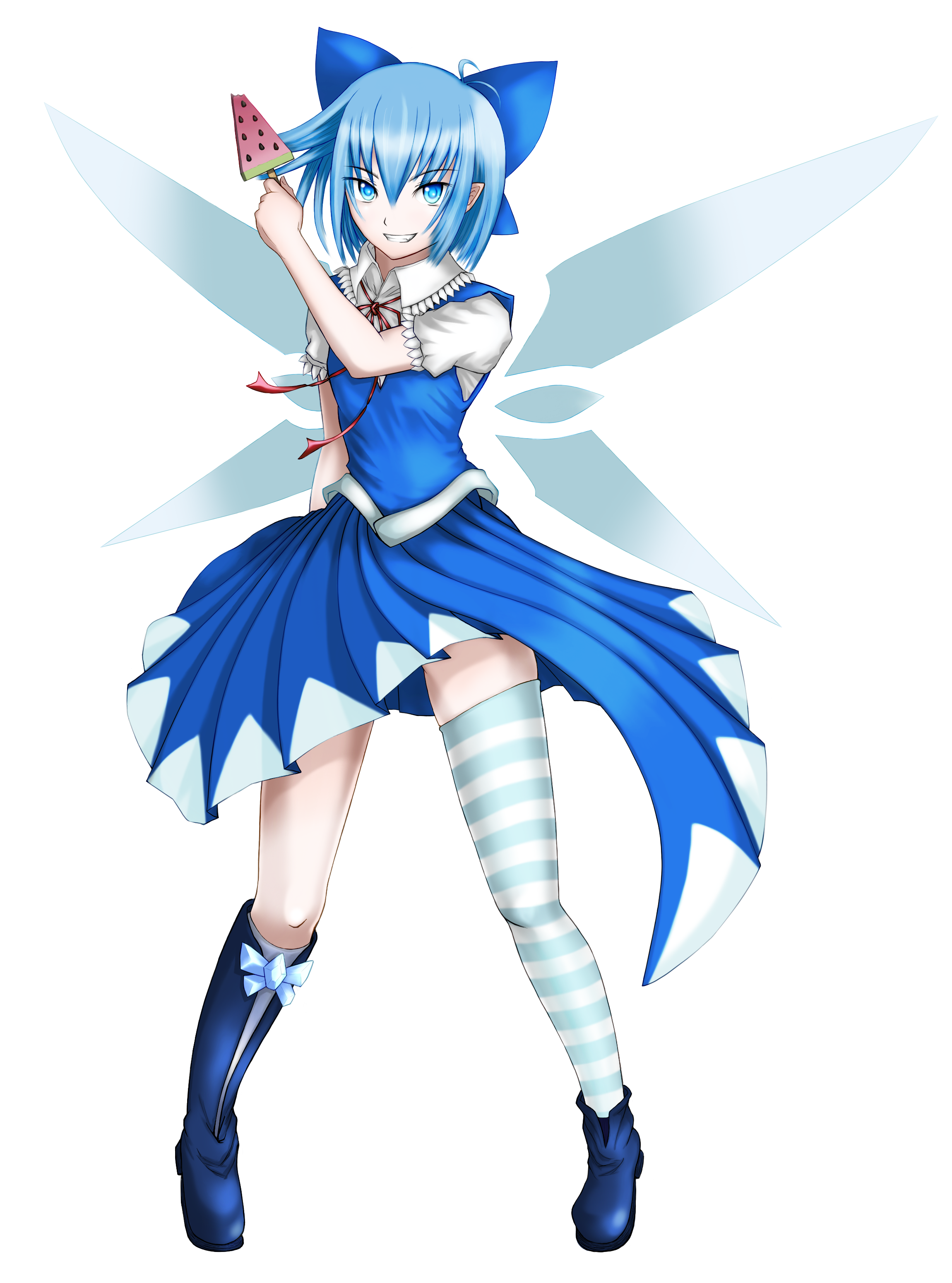 dista, irie tetsuya, cirno, touhou, absurdres, highres, 1girl, asymmetrical clothes, asymmetrical footwear, blue eyes, blue hair, boots, bow, female focus, food, fruit, full body, hair bow, matching hair/eyes, mismatched footwear, pointy ears, popsicle, ribbon, short hair, single thighhigh, smile, solo, striped clothes, striped thighhighs, thighhighs, transparent background, watermelon, wings