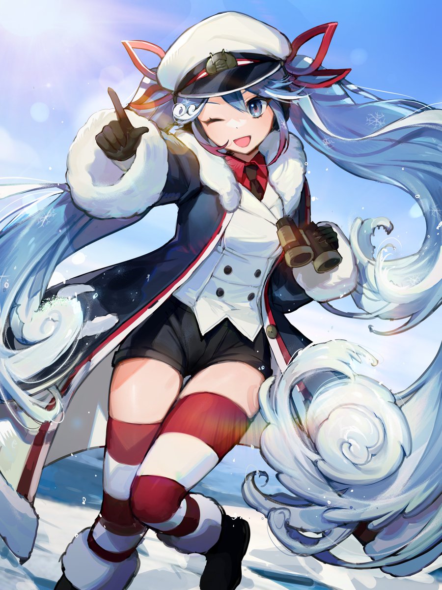 nannaspad, hatsune miku, yuki miku, yuki miku (2022), vocaloid, commentary request, highres, 1girl, aqua eyes, aqua hair, binoculars, black coat, black gloves, black necktie, black shorts, blush, coat, collared shirt, fur-trimmed coat, fur-trimmed sleeves, fur trim, gloves, gradient hair, hair between eyes, hair ornament, hair ribbon, hat, holding, holding binoculars, jacket, long hair, long sleeves, looking at viewer, multicolored hair, necktie, official alternate costume, official alternate hairstyle, one eye closed, open mouth, peaked cap, red ribbon, red shirt, ribbon, sailor hat, shirt, short shorts, shorts, smile, solo, striped clothes, striped thighhighs, thighhighs, twintails, very long hair, white hair, white jacket, zettai ryouiki