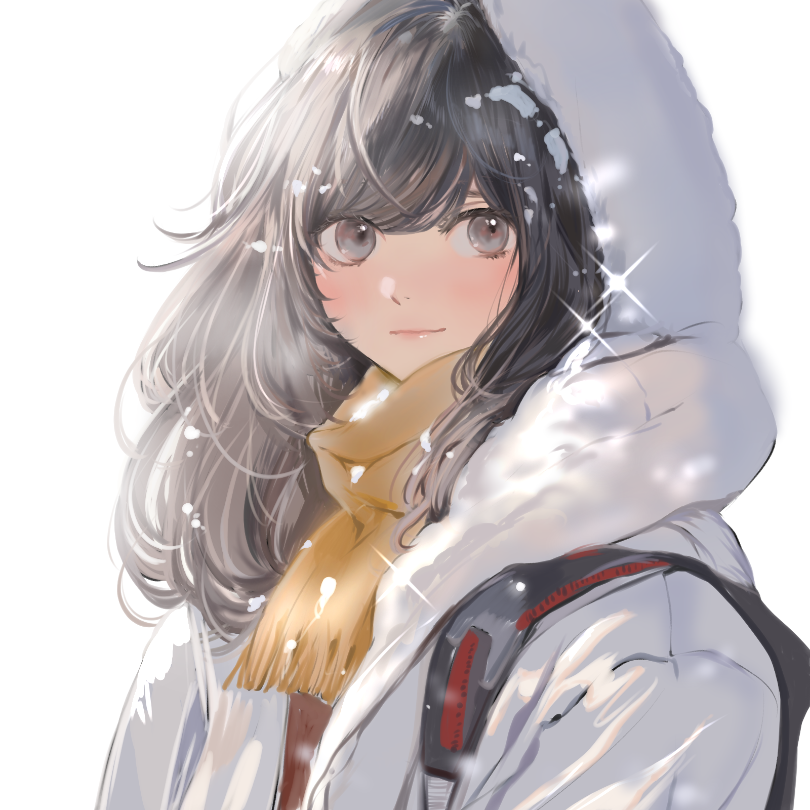 original, commentary request, highres, 1girl, backpack, bag, black bag, black hair, closed mouth, grey eyes, hood, hood up, hooded jacket, impasto, jacket, long hair, neko lemonade, open clothes, open jacket, painterly, scarf, simple background, smile, snow, solo, upper body, white background, white jacket, yellow scarf