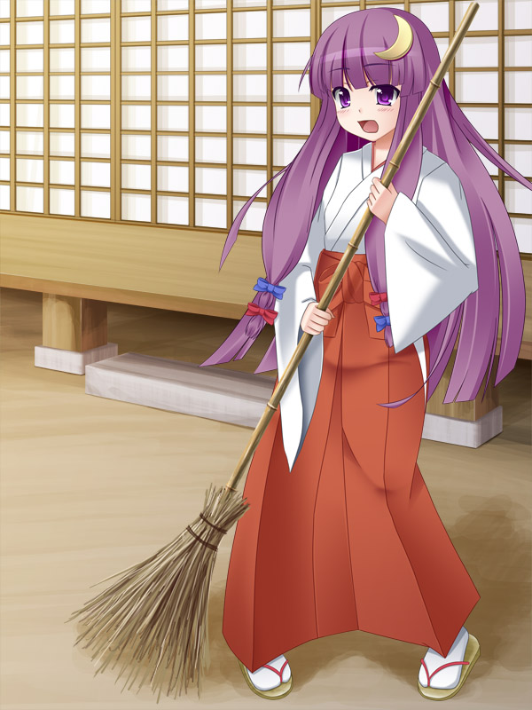 hukkaa, mrtaa, patchouli knowledge, touhou, bad id, bad pixiv id, 1girl, bamboo broom, broom, crescent, crescent hair ornament, female focus, hair ornament, hakama, hakama skirt, japanese clothes, long hair, miko, purple eyes, purple hair, red hakama, skirt, solo