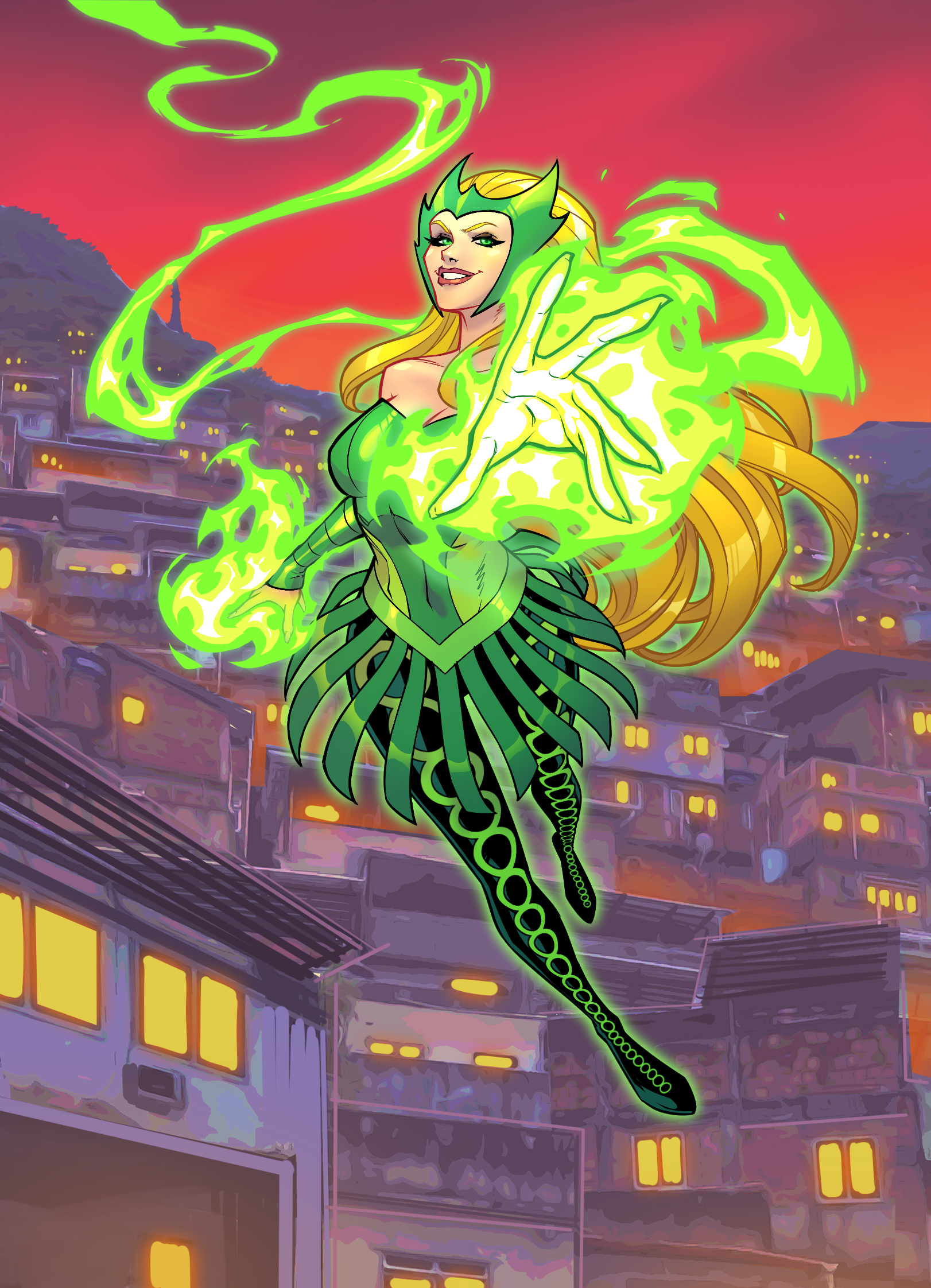 joeyvazquezart, enchantress (marvel), marvel, thor (marvel) (series), commentary, english commentary, highres, official art, 1girl, black leggings, blonde hair, breasts, cleavage, covered navel, detached sleeves, dress, dusk, floating, gradient background, green dress, green eyes, green sleeves, grin, house, large breasts, leggings, long hair, looking at viewer, magic, orange sky, reaching, reaching towards viewer, red sky, sky, smile, solo, strapless, strapless dress, western comics (style)